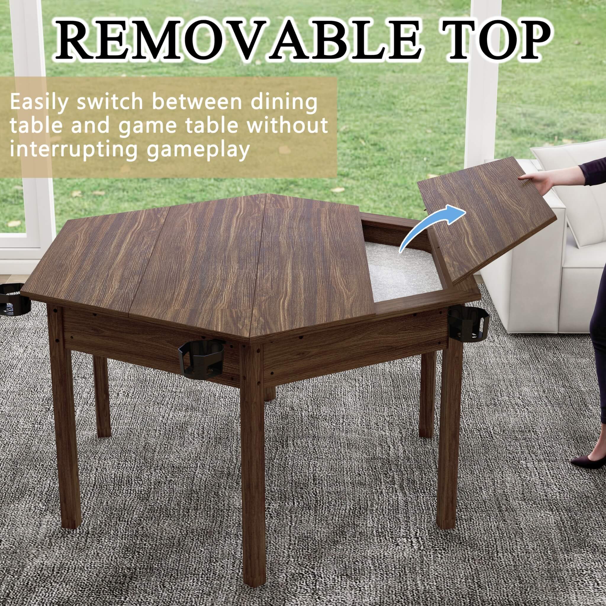 Premium 6-Person Hexagonal Game And Dining Table With Top, Mat And Cup Holders (SAK67845)