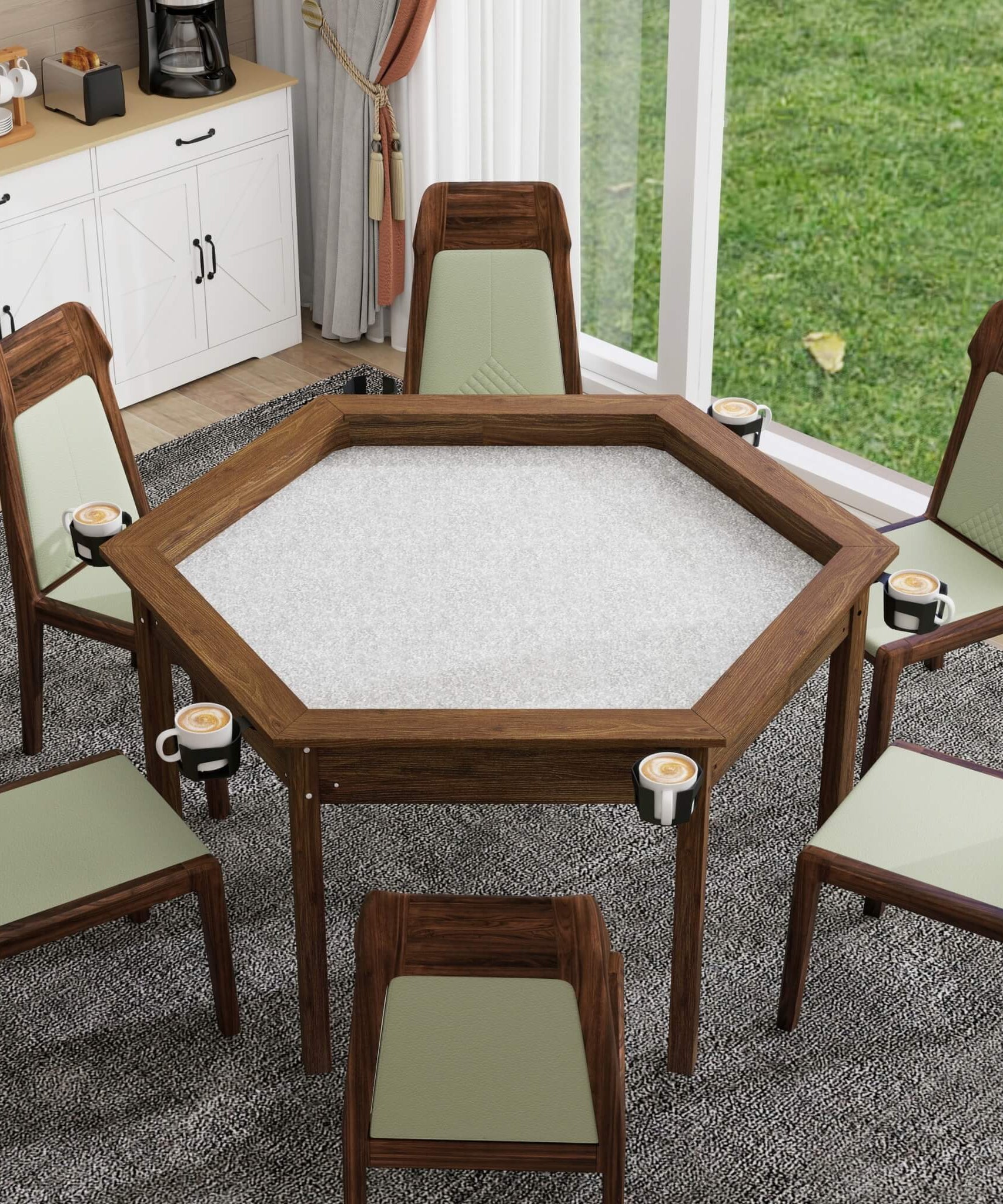 Premium 6-Person Hexagonal Game And Dining Table With Top, Mat And Cup Holders (SAK67845)