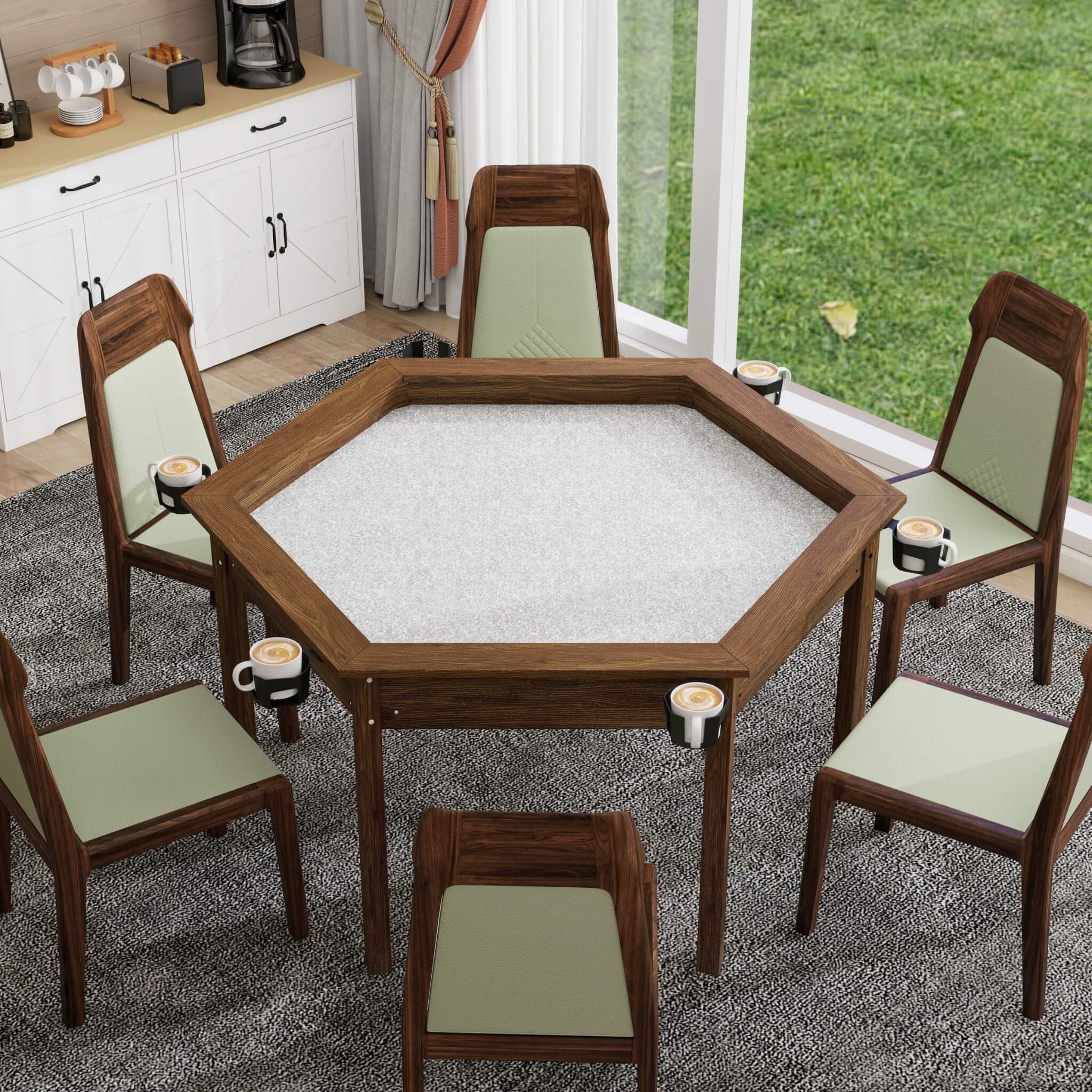 Premium 6-Person Hexagonal Game And Dining Table With Top, Mat And Cup Holders (SAK67845)
