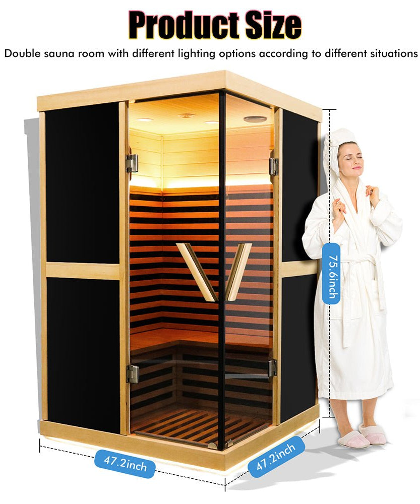 Thermora Helix Premium Large 2-Person V-Shaped FAR Infrared Sauna Room With Double Glass Doors, 1980W (SAK96413)