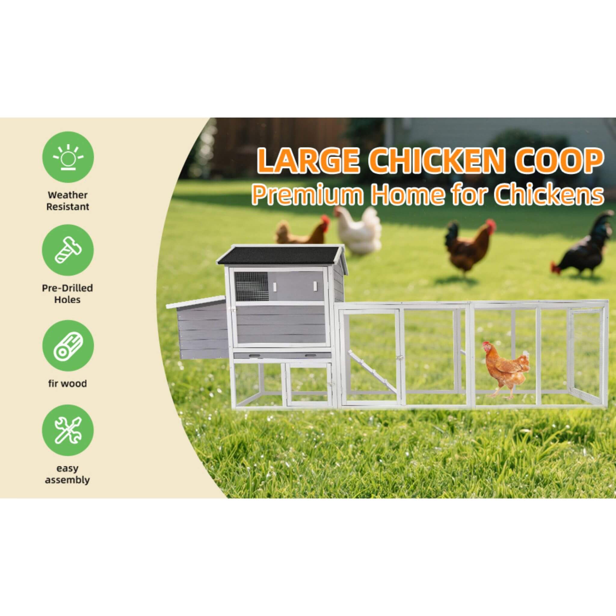 Large Heavy-Duty 113-Inch Outdoor Anti-UV Waterproof Wooden Chicken Coop Hen House (SAK32684)