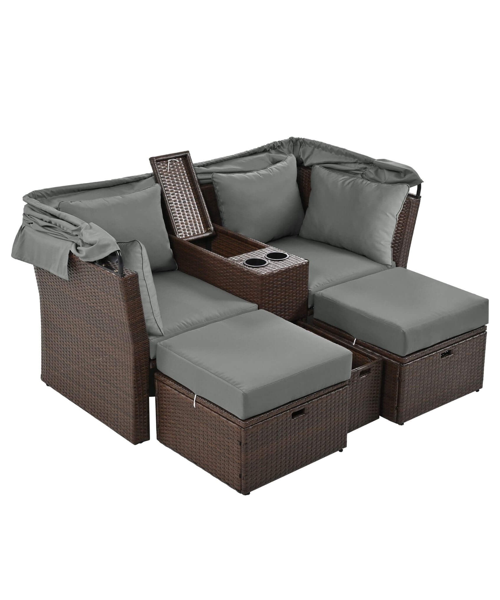 Alora Premium Outdoor 2-Seater Patio Daybed With Foldable Awning, Cushions, And Rattan Frame (SAK90233)