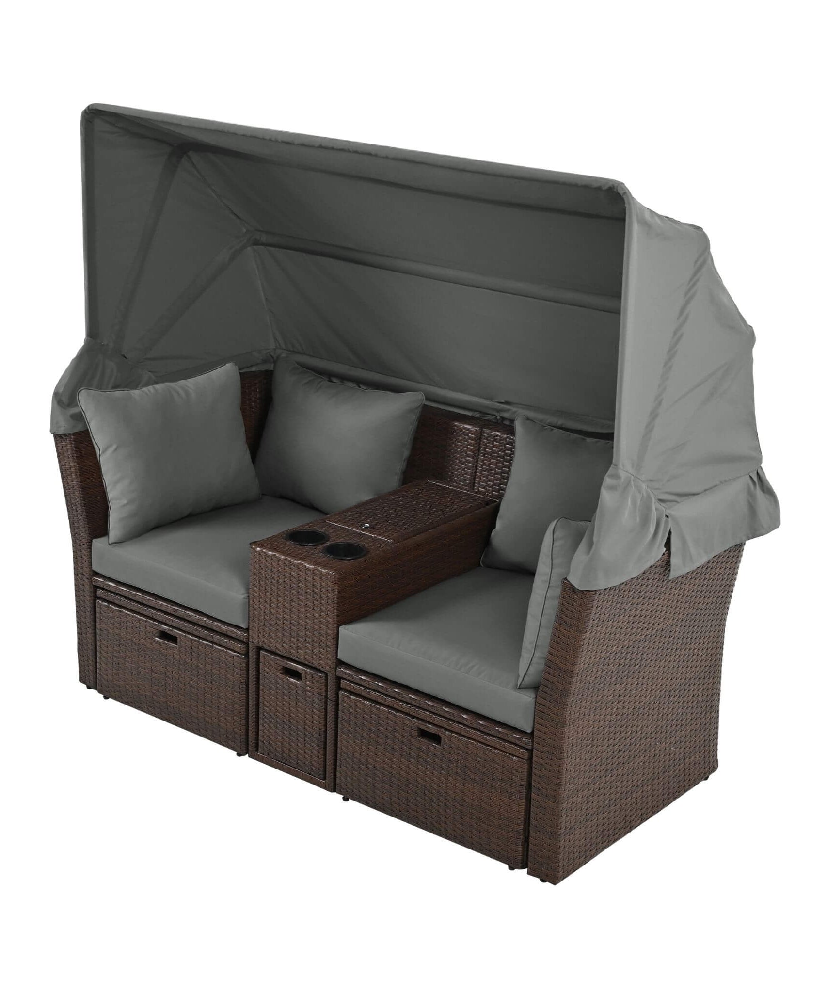 Alora Premium Outdoor 2-Seater Patio Daybed With Foldable Awning, Cushions, And Rattan Frame (SAK90233)