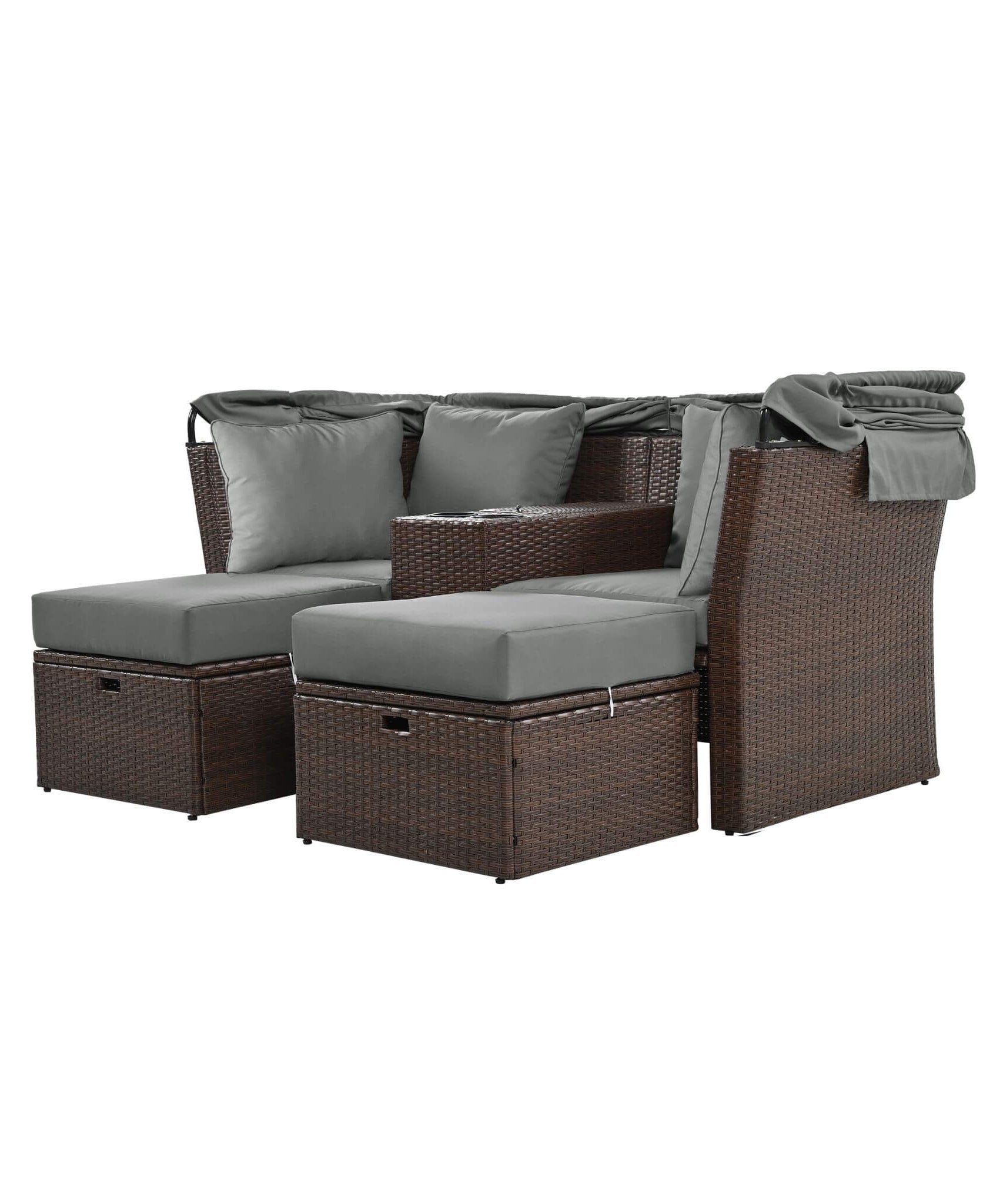 Alora Premium Outdoor 2-Seater Patio Daybed With Foldable Awning, Cushions, And Rattan Frame (SAK90233)