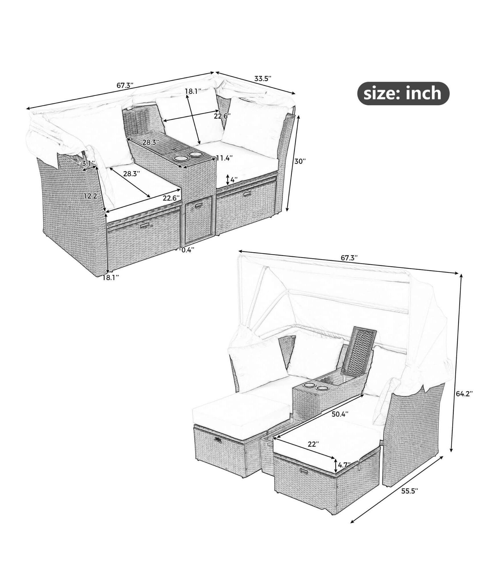 Alora Premium Outdoor 2-Seater Patio Daybed With Foldable Awning, Cushions, And Rattan Frame (SAK90233)