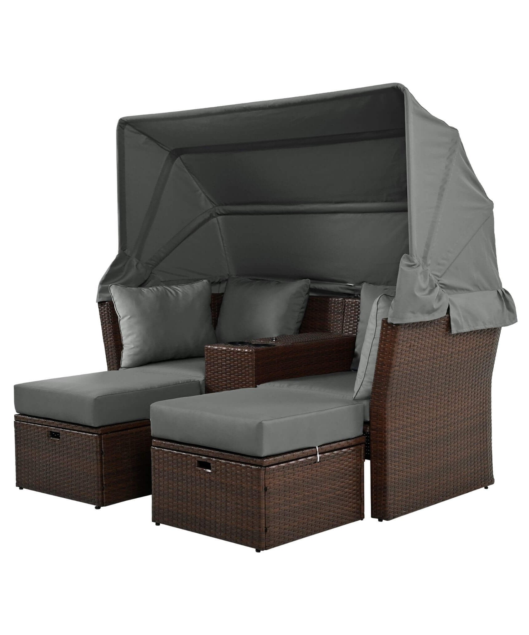 Alora Premium Outdoor 2-Seater Patio Daybed With Foldable Awning, Cushions, And Rattan Frame (SAK90233)