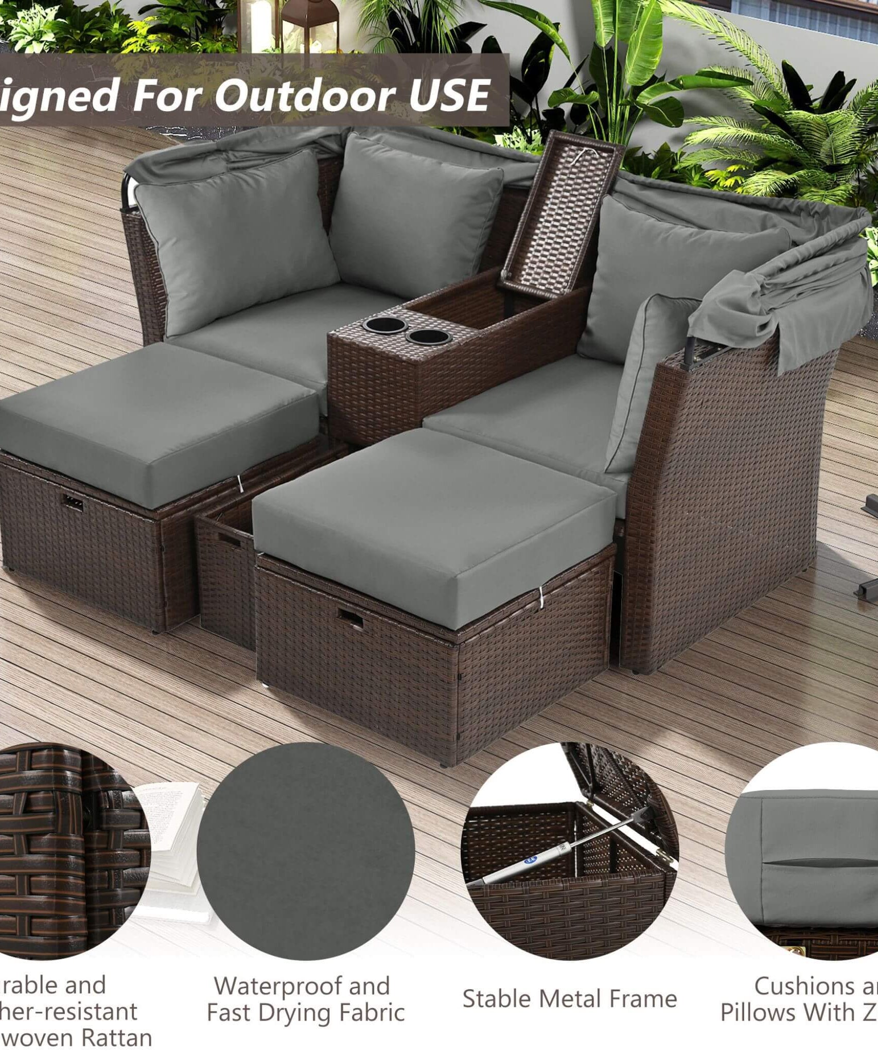 Alora Premium Outdoor 2-Seater Patio Daybed With Foldable Awning, Cushions, And Rattan Frame (SAK90233)