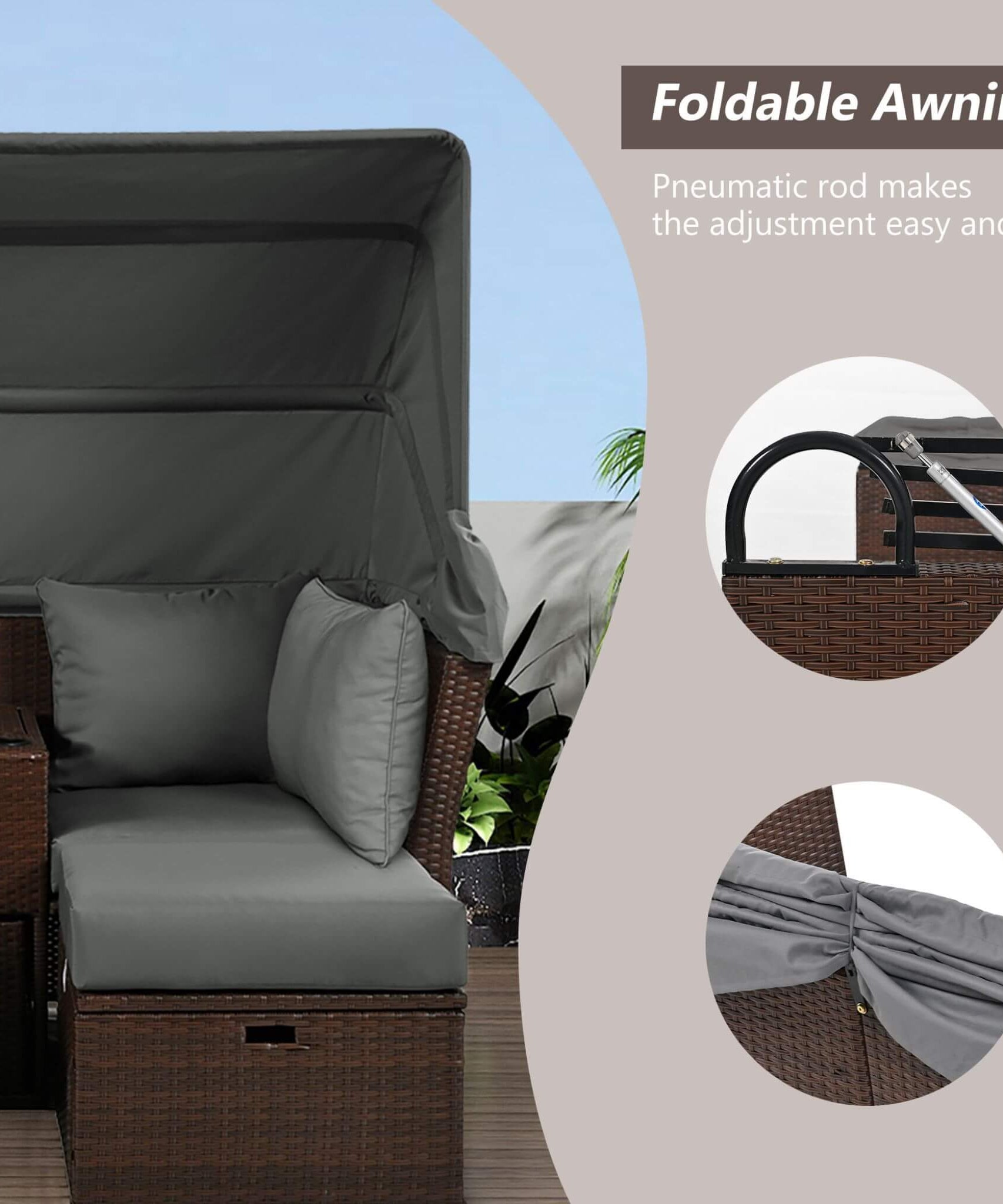 Alora Premium Outdoor 2-Seater Patio Daybed With Foldable Awning, Cushions, And Rattan Frame (SAK90233)
