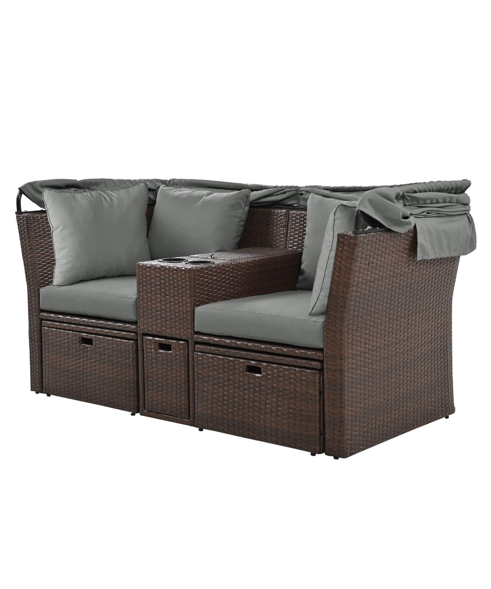 Alora Premium Outdoor 2-Seater Patio Daybed With Foldable Awning, Cushions, And Rattan Frame (SAK90233)