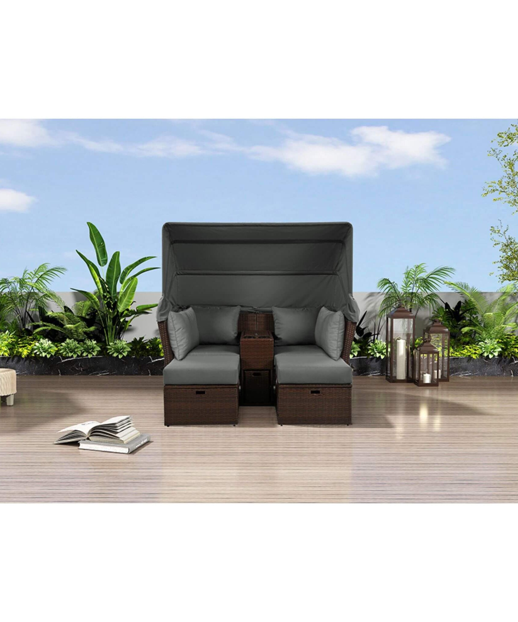 Alora Premium Outdoor 2-Seater Patio Daybed With Foldable Awning, Cushions, And Rattan Frame (SAK90233)