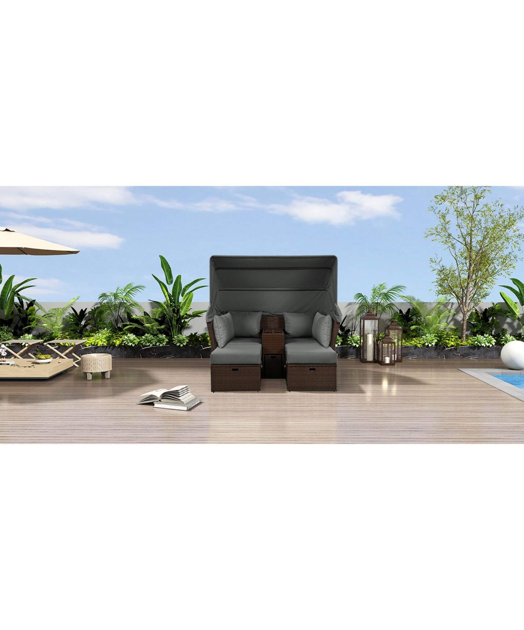 Alora Premium Outdoor 2-Seater Patio Daybed With Foldable Awning, Cushions, And Rattan Frame (SAK90233)