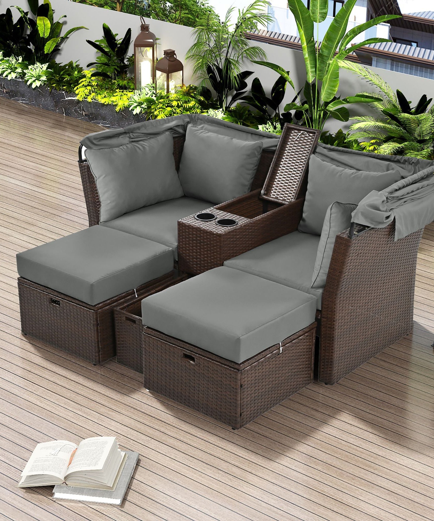 Alora Premium Outdoor 2-Seater Patio Daybed With Foldable Awning, Cushions, And Rattan Frame (SAK90233)