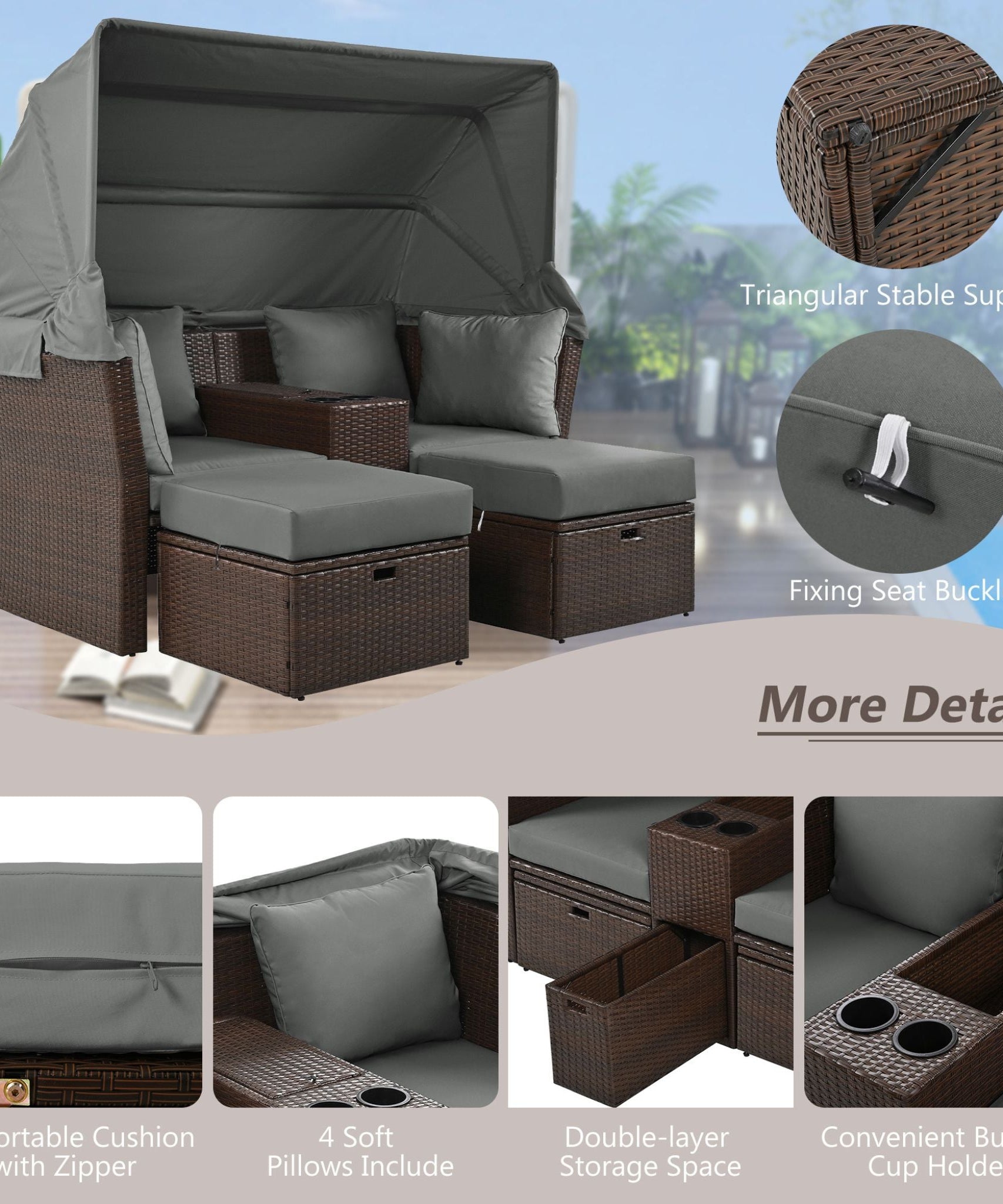 Alora Premium Outdoor 2-Seater Patio Daybed With Foldable Awning, Cushions, And Rattan Frame (SAK90233)
