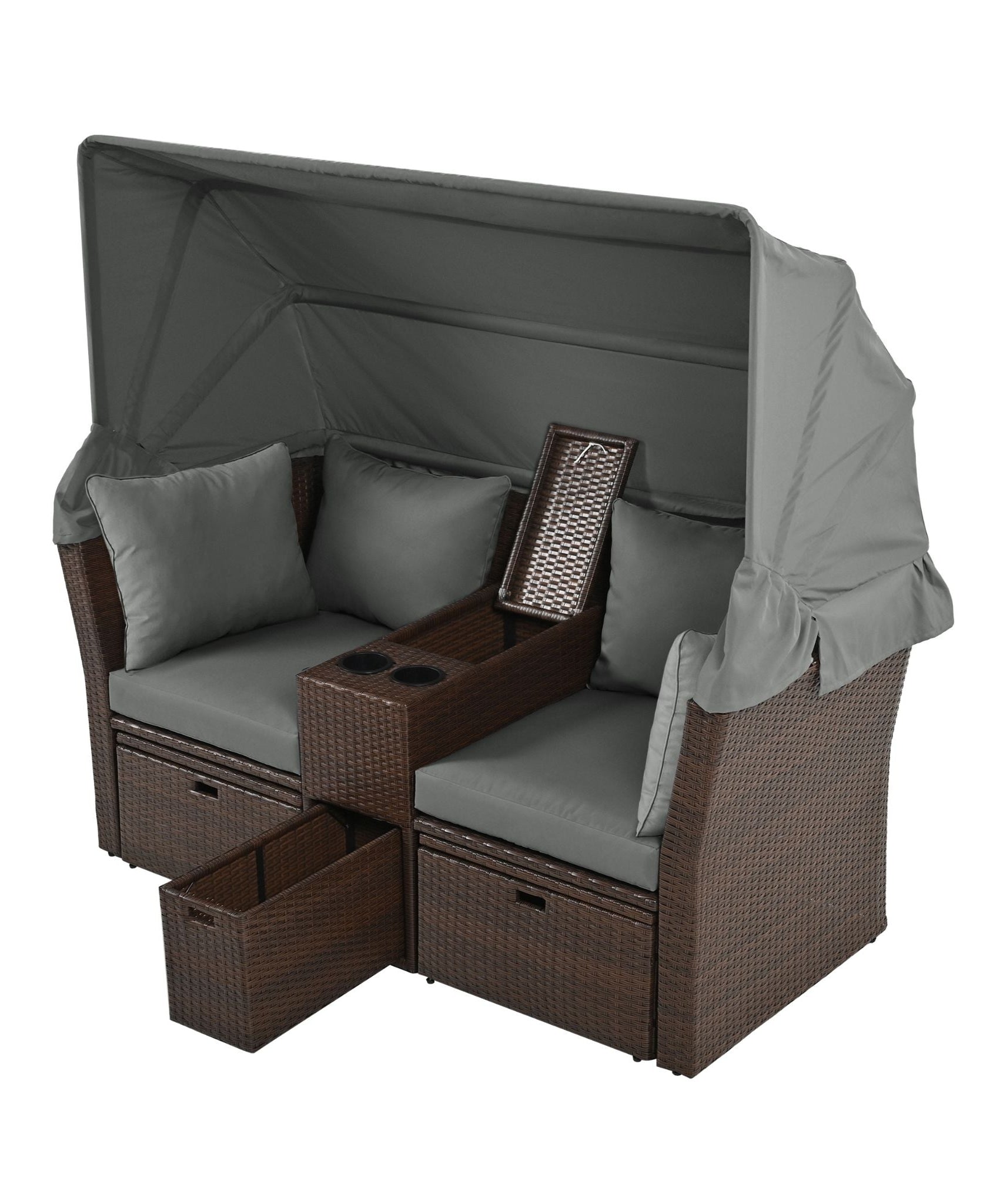 Alora Premium Outdoor 2-Seater Patio Daybed With Foldable Awning, Cushions, And Rattan Frame (SAK90233)