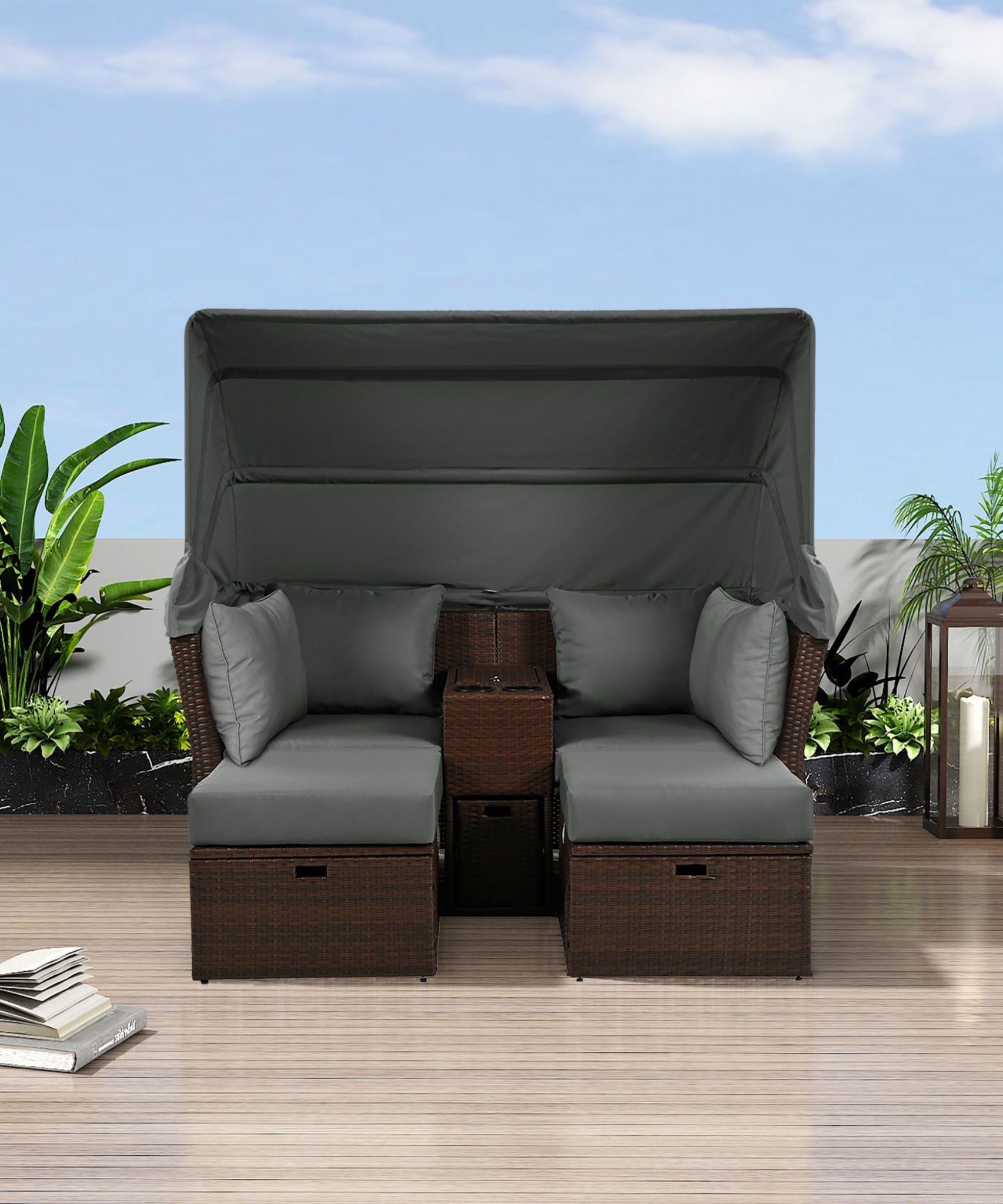 Alora Premium Outdoor 2-Seater Patio Daybed With Foldable Awning, Cushions, And Rattan Frame (SAK90233)