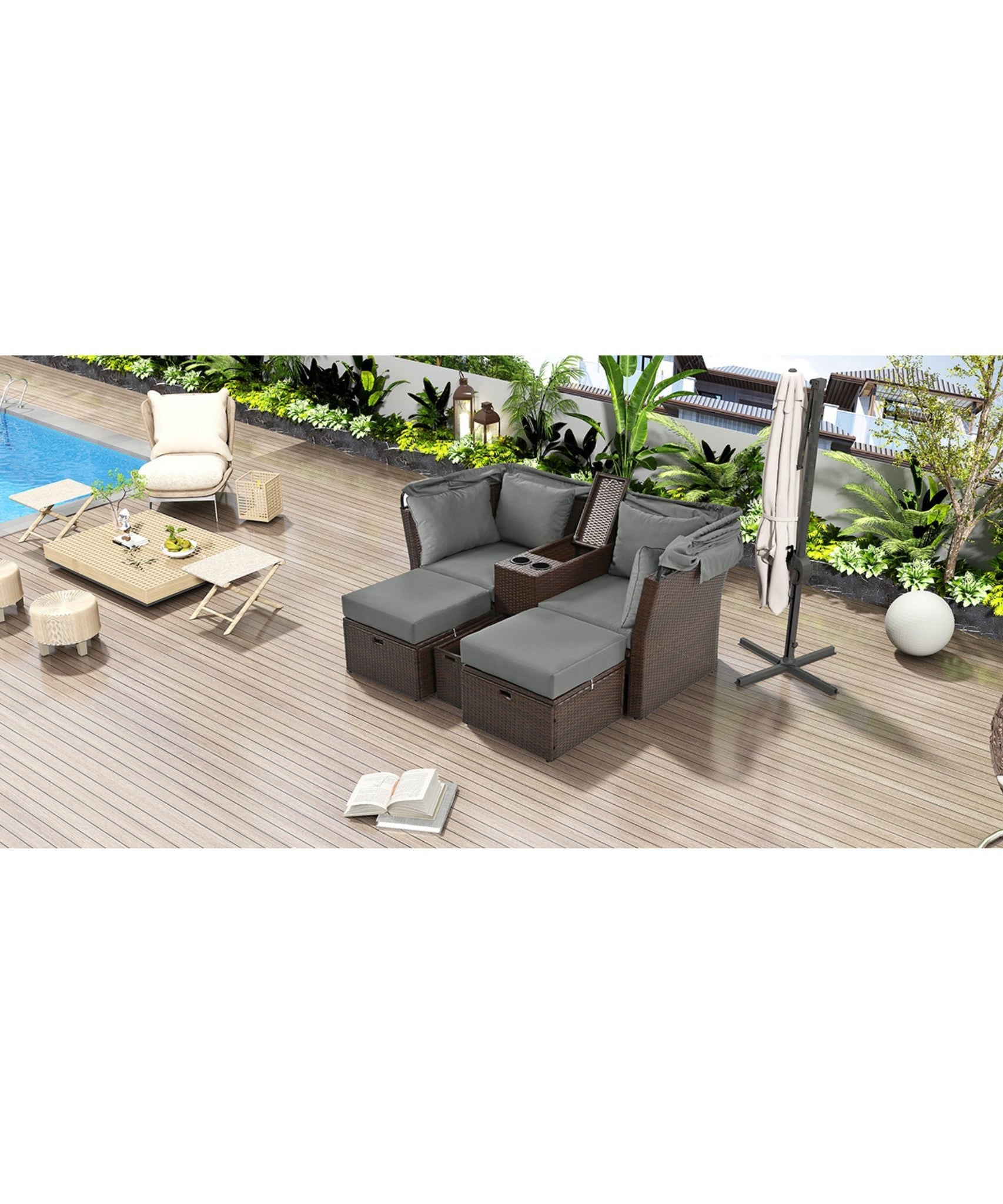 Alora Premium Outdoor 2-Seater Patio Daybed With Foldable Awning, Cushions, And Rattan Frame (SAK90233)