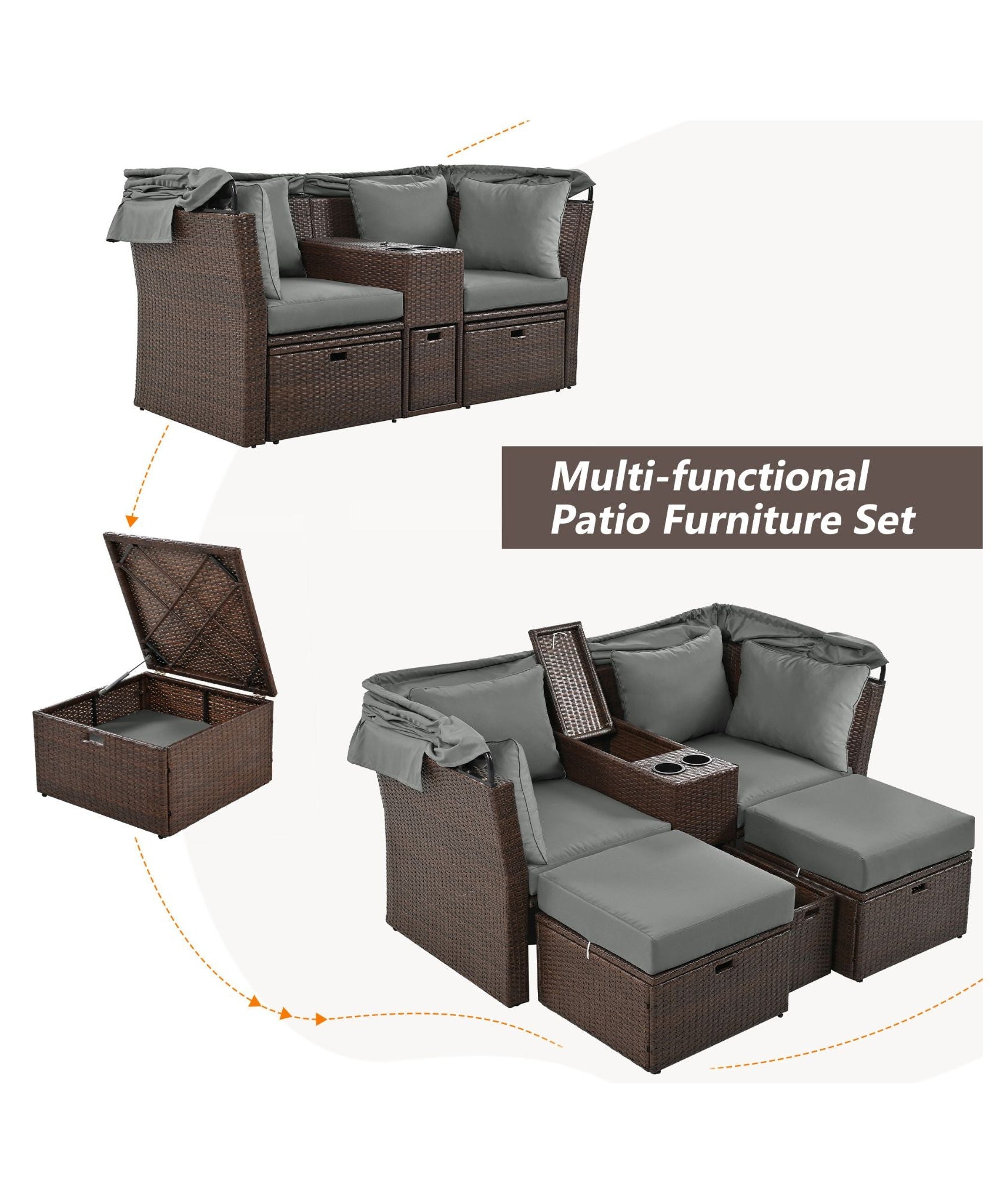 Alora Premium Outdoor 2-Seater Patio Daybed With Foldable Awning, Cushions, And Rattan Frame (SAK90233)