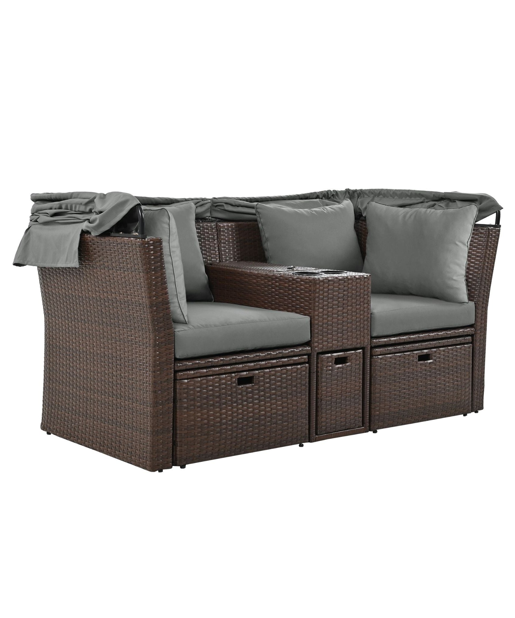 Alora Premium Outdoor 2-Seater Patio Daybed With Foldable Awning, Cushions, And Rattan Frame (SAK90233)