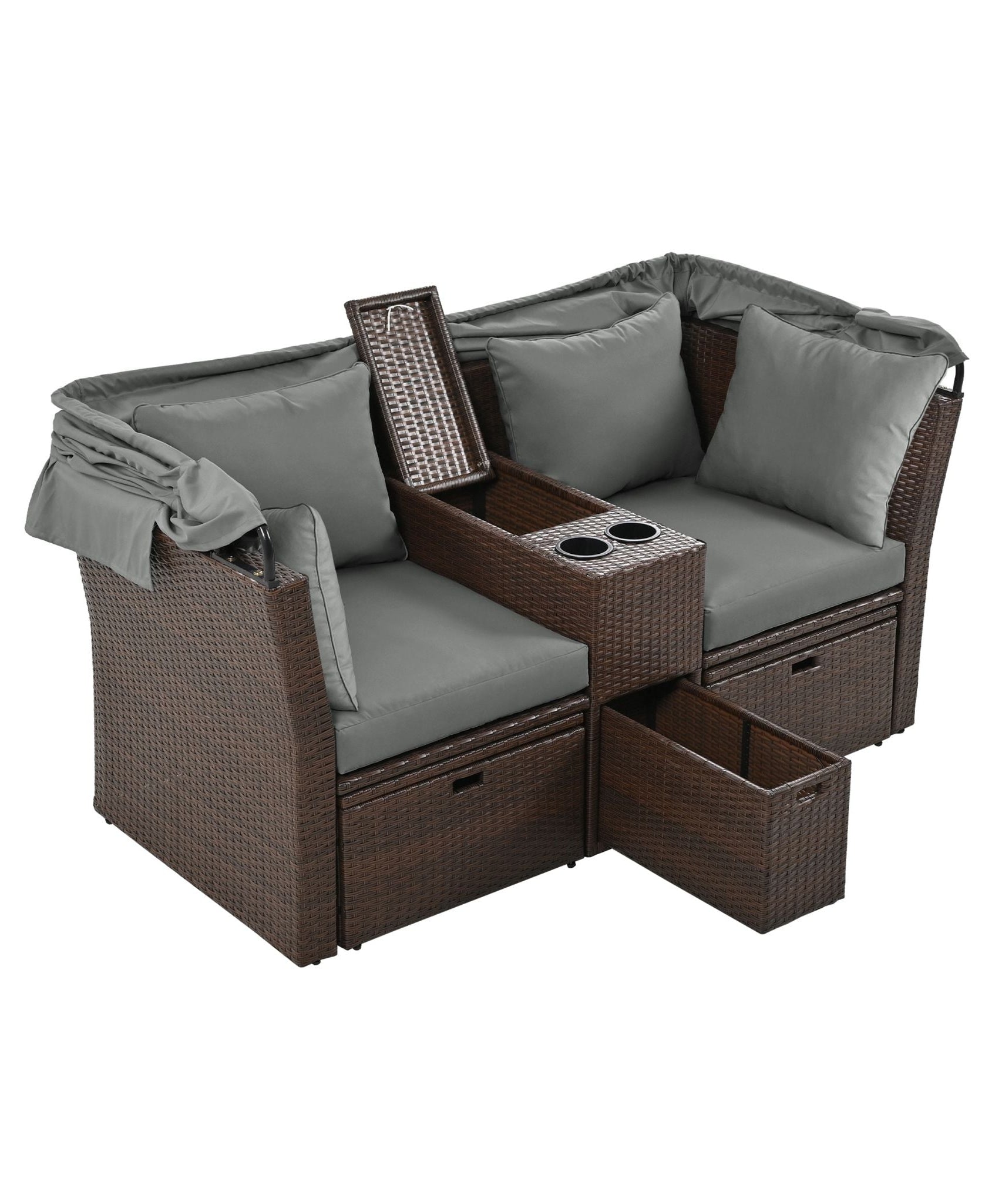Alora Premium Outdoor 2-Seater Patio Daybed With Foldable Awning, Cushions, And Rattan Frame (SAK90233)