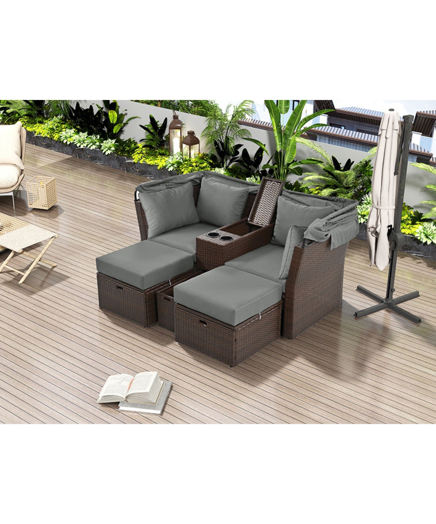 Alora Premium Outdoor 2-Seater Patio Daybed With Foldable Awning, Cushions, And Rattan Frame (SAK90233)
