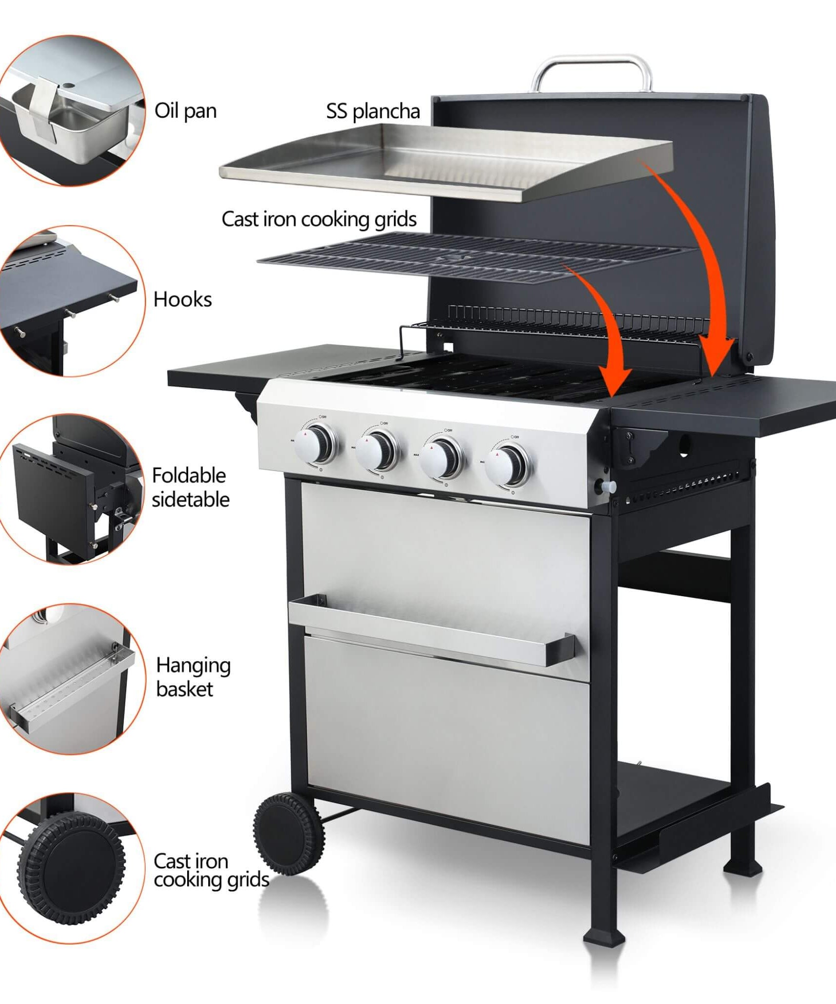 Premium Outdoor 4-Burner Propane BBQ Grill With Foldable Side Tables, Hanging Basket, And Cooking Grids (SAK53213)