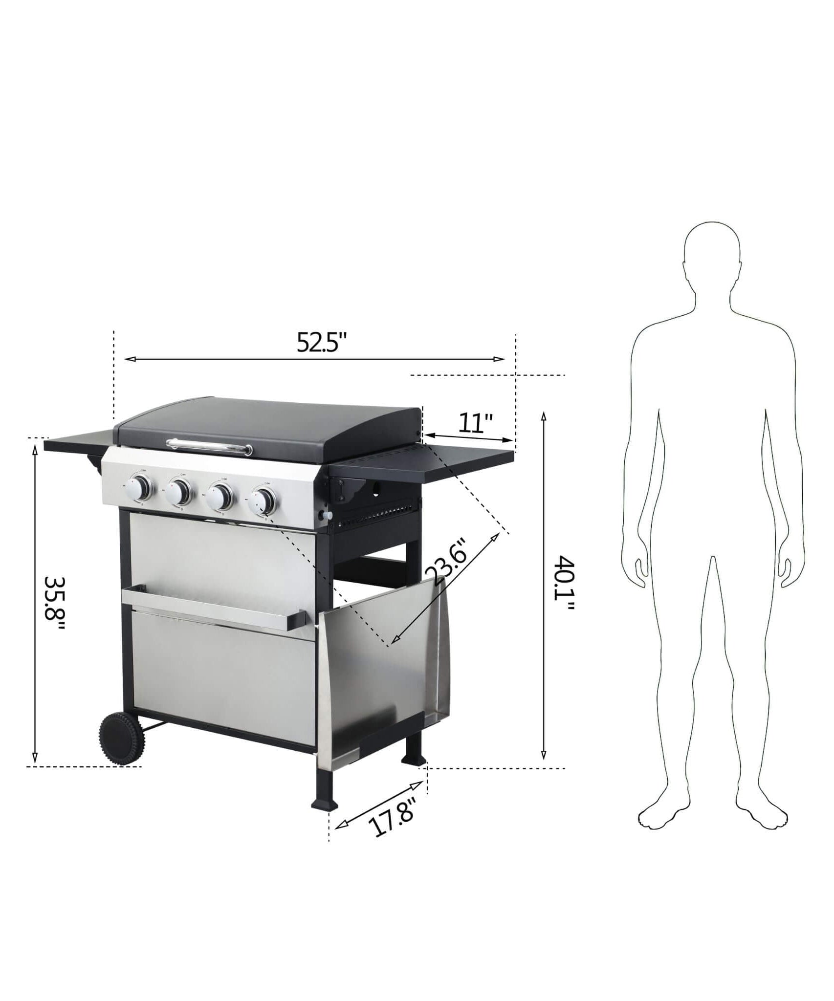 Premium Outdoor 4-Burner Propane BBQ Grill With Foldable Side Tables, Hanging Basket, And Cooking Grids (SAK53213)