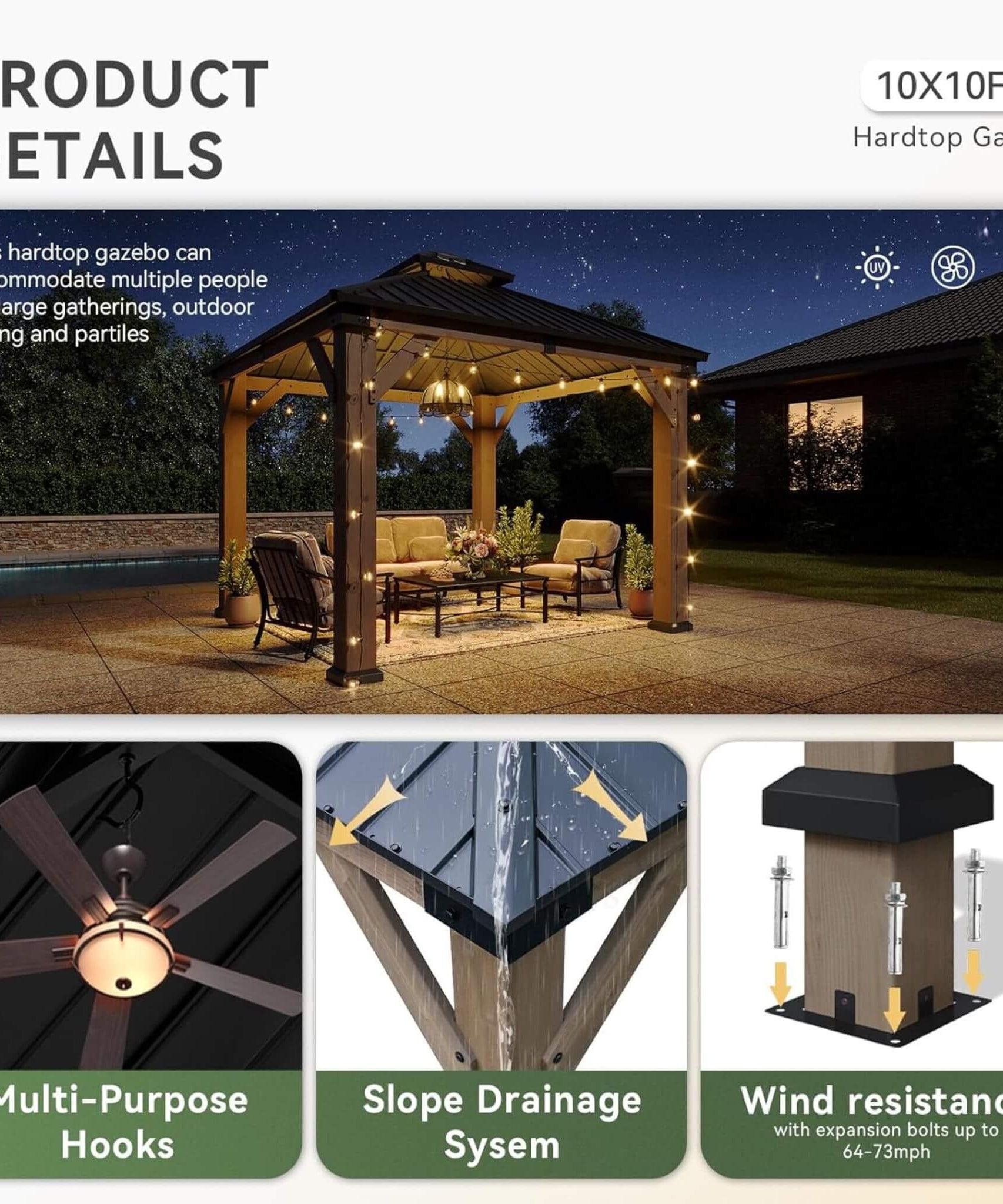 Alora Premium Outdoor Cedar Wood Galvanized Steel Hardtop Gazebo (SAK23907)