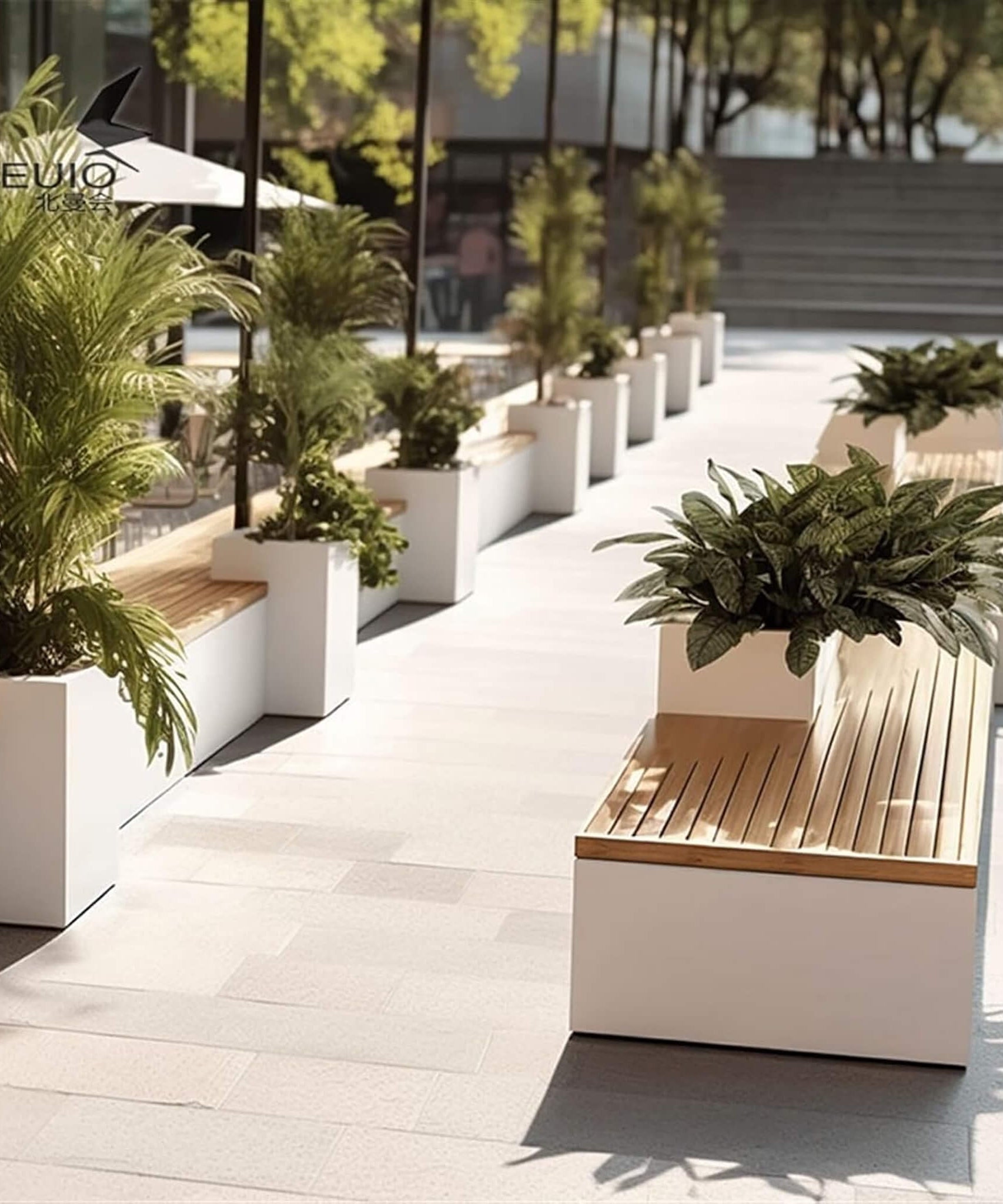 Premium Outdoor Industrial Metal Garden Bench With Wooden Seat And Planter [Made-To-Order] (SAK83951)