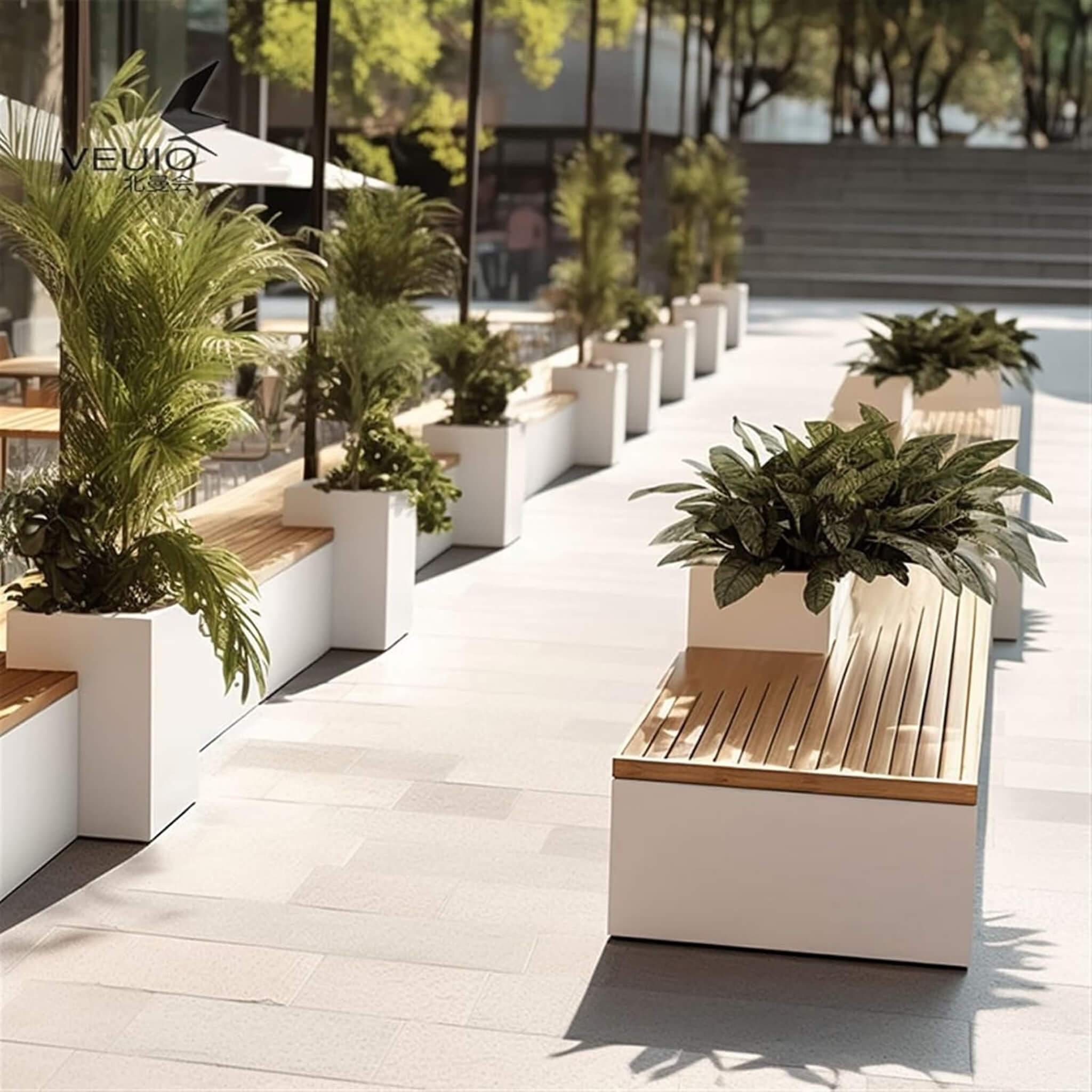 Premium Outdoor Industrial Metal Garden Bench With Wooden Seat And Planter [Made-To-Order] (SAK83951)