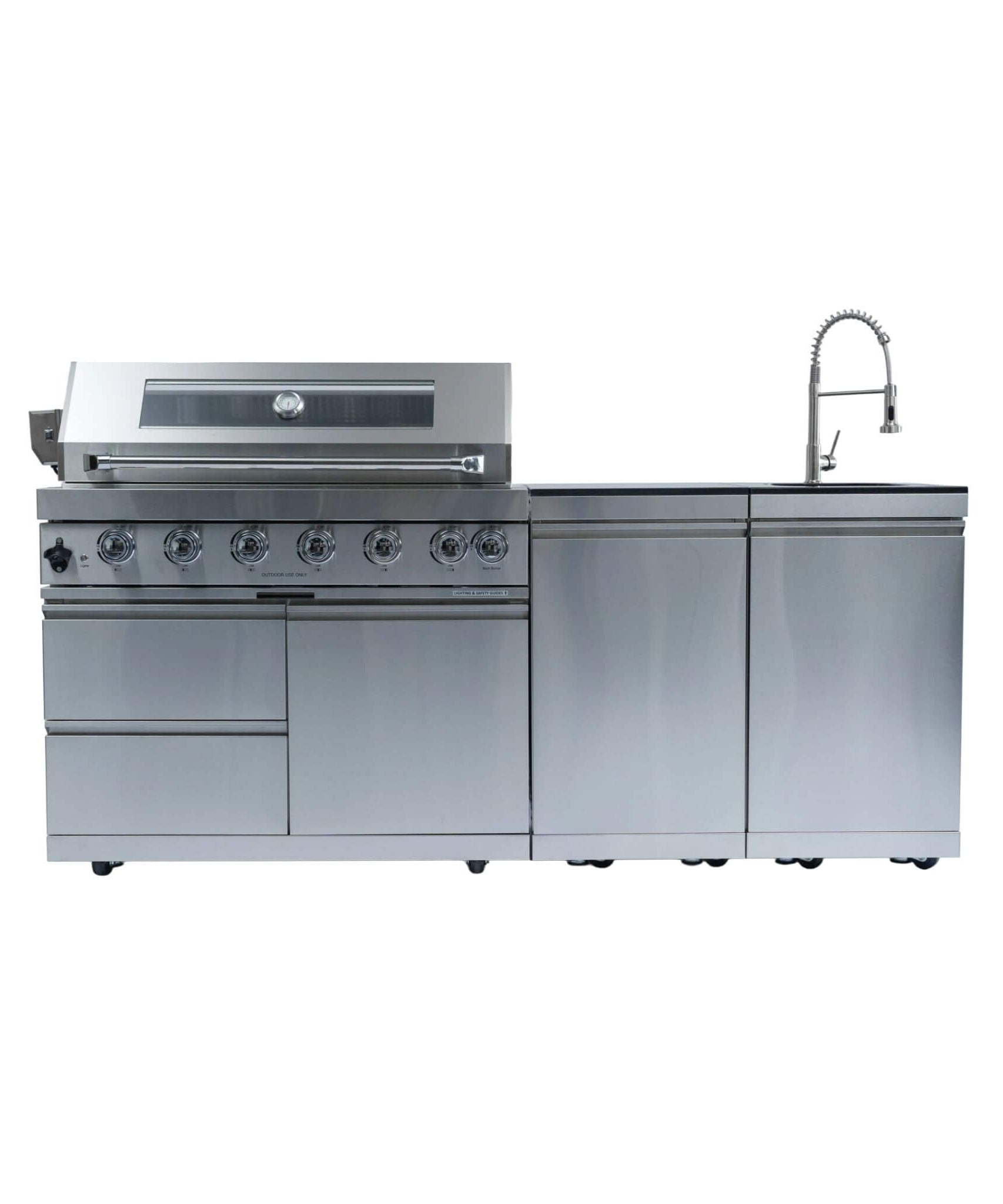 Castelle Flame Tuscany Outdoor BBQ Liquid Propane Kitchen Grill Island With 43-Inch 6-Burner 85K BTU Propane Gas Grill, Rotisserie Kit, And Storage Cabinets (SAK95623)