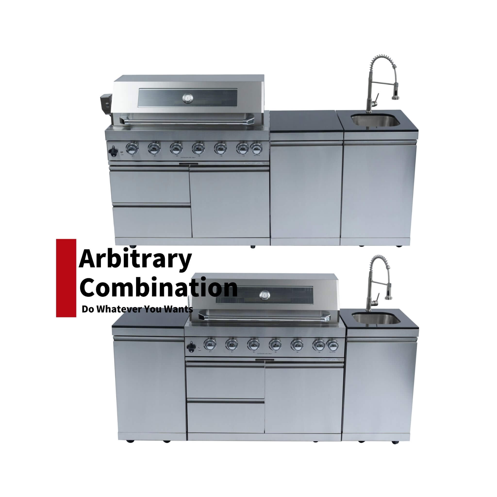 Castelle Flame Tuscany Outdoor BBQ Liquid Propane Kitchen Grill Island With 43-Inch 6-Burner 85K BTU Propane Gas Grill, Rotisserie Kit, And Storage Cabinets (SAK95623)
