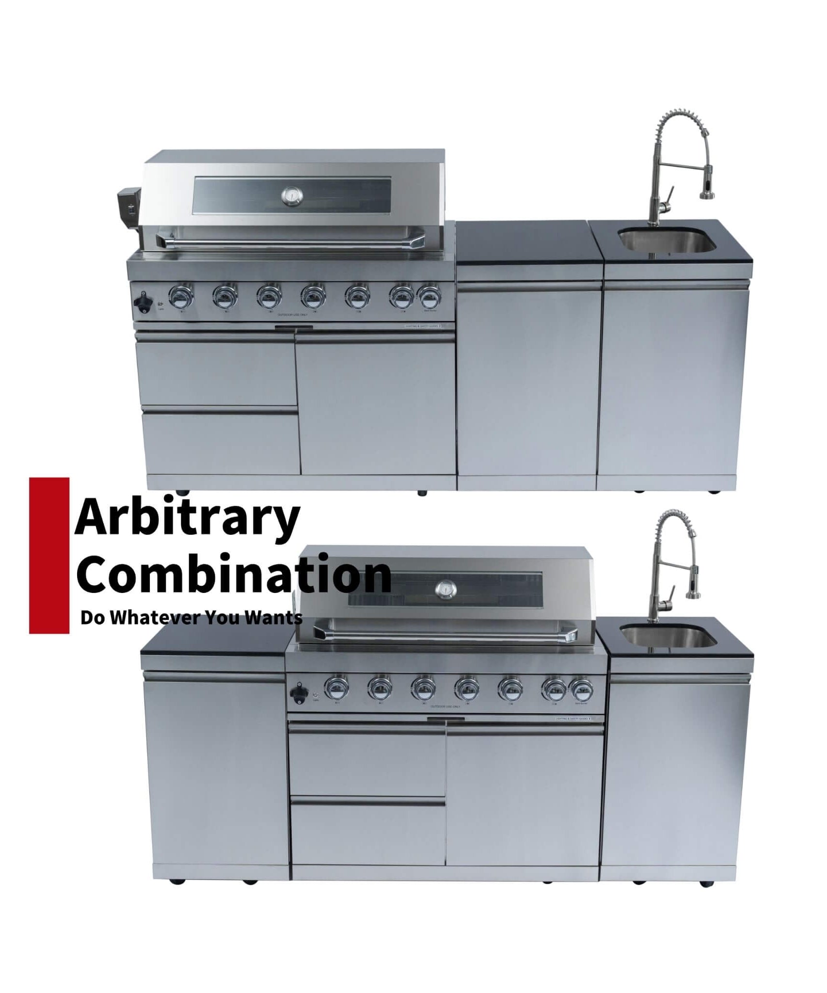 Castelle Flame Valmont 43-Inch 6-Burner 85K BTU Outdoor BBQ Kitchen Grill Island With Granite Countertops, Rotisserie Kit, Cabinets, And Sink (SAK73518)