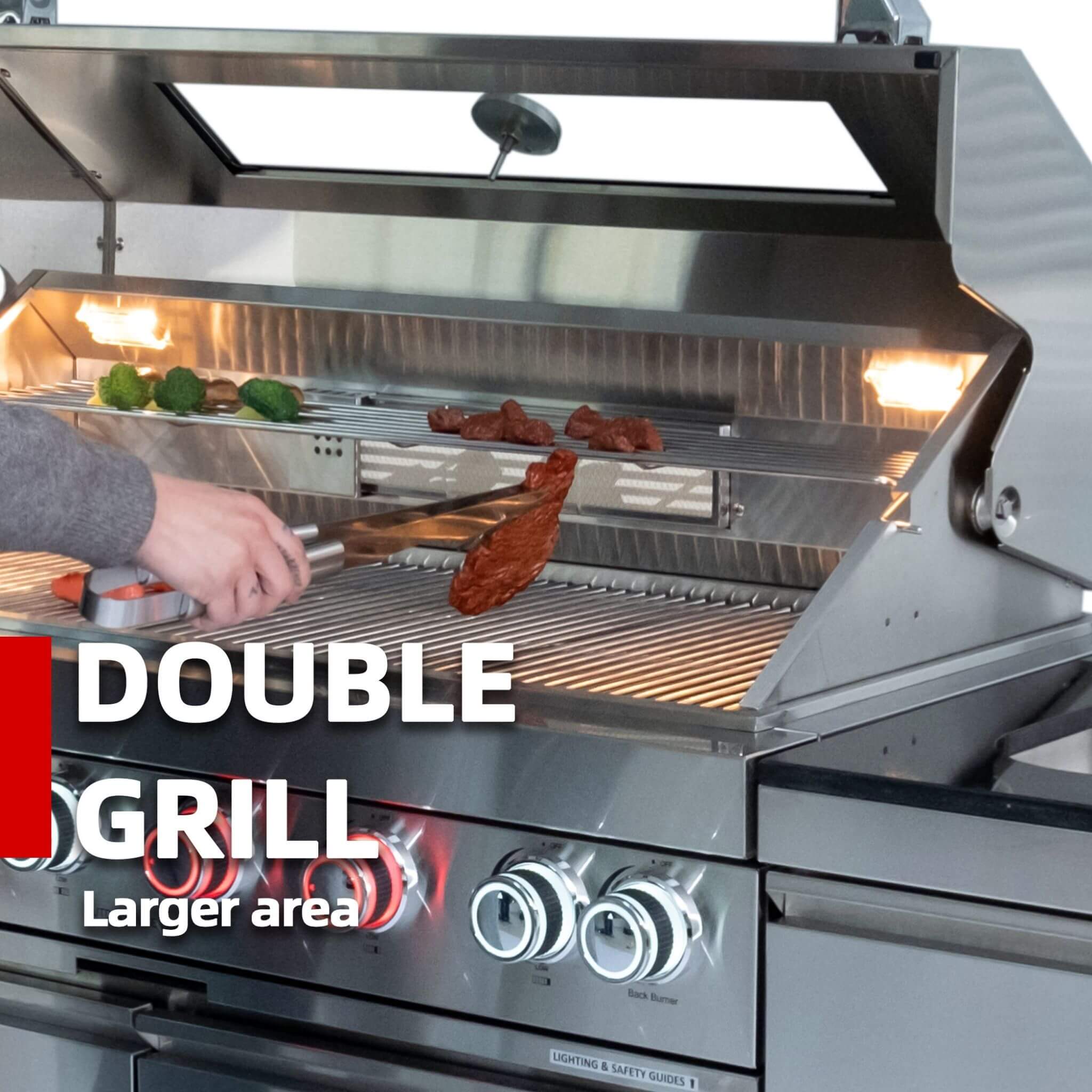Castelle Flame Tuscany Outdoor BBQ Liquid Propane Kitchen Grill Island With 43-Inch 6-Burner 85K BTU Propane Gas Grill, Rotisserie Kit, And Storage Cabinets (SAK95623)