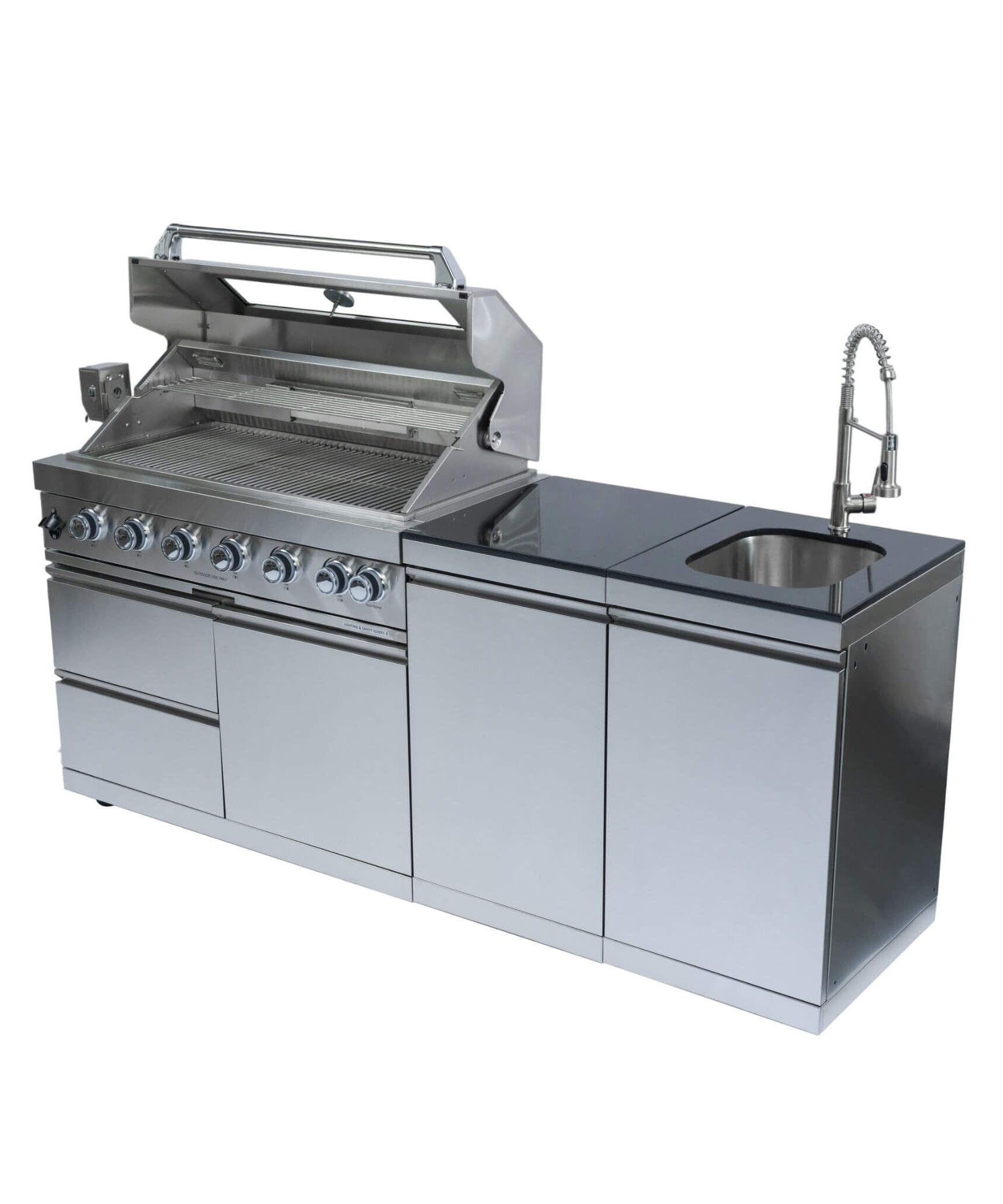 Castelle Flame Tuscany Outdoor BBQ Liquid Propane Kitchen Grill Island With 43-Inch 6-Burner 85K BTU Propane Gas Grill, Rotisserie Kit, And Storage Cabinets (SAK95623)