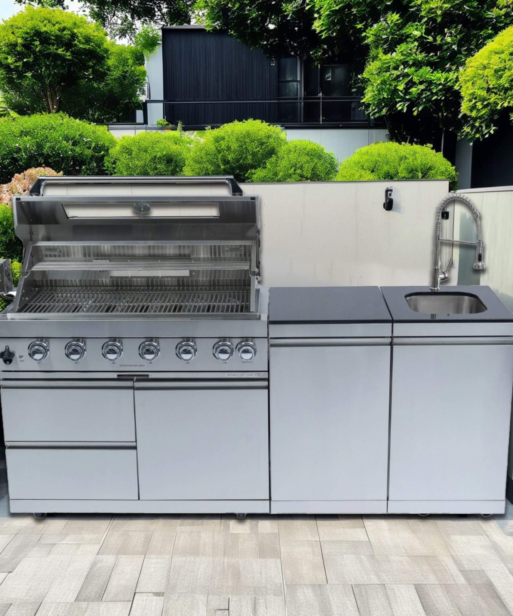 Castelle Flame Tuscany Outdoor BBQ Liquid Propane Kitchen Grill Island With 43-Inch 6-Burner 85K BTU Propane Gas Grill, Rotisserie Kit, And Storage Cabinets (SAK95623)