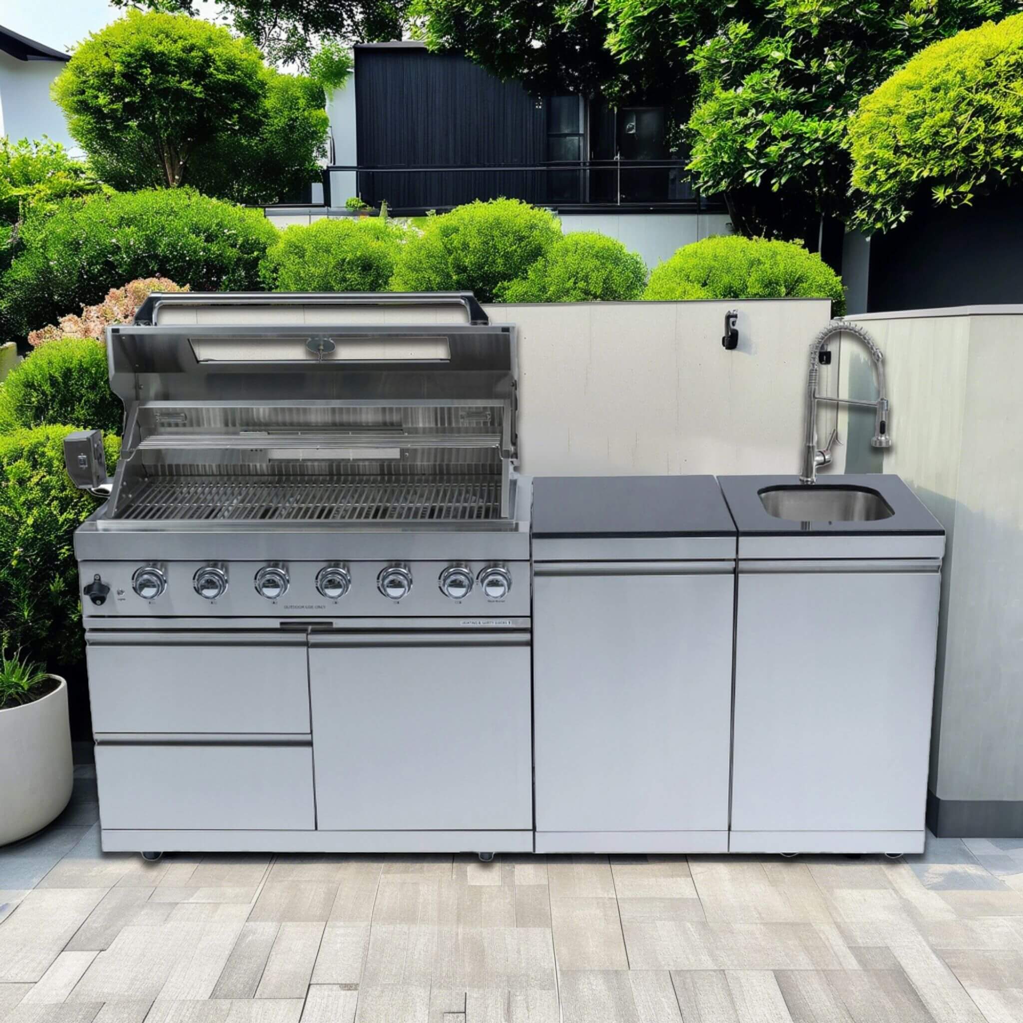 Castelle Flame Tuscany Outdoor BBQ Liquid Propane Kitchen Grill Island With 43-Inch 6-Burner 85K BTU Propane Gas Grill, Rotisserie Kit, And Storage Cabinets (SAK95623)