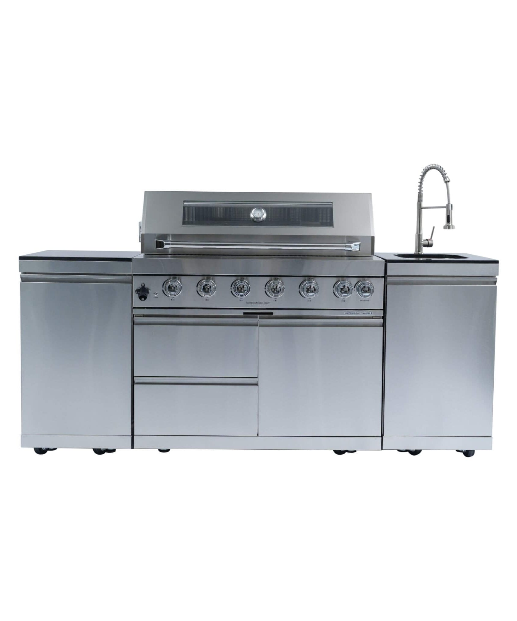 Castelle Flame Tuscany Outdoor BBQ Liquid Propane Kitchen Grill Island With 43-Inch 6-Burner 85K BTU Propane Gas Grill, Rotisserie Kit, And Storage Cabinets (SAK95623)