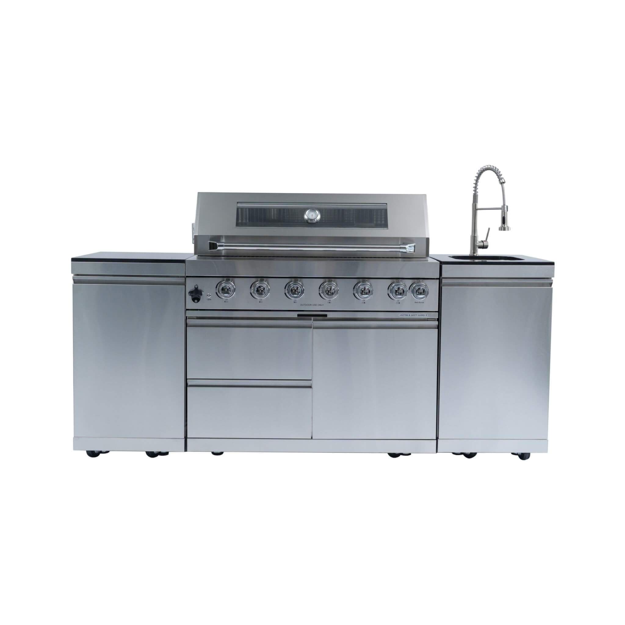Castelle Flame Tuscany Outdoor BBQ Liquid Propane Kitchen Grill Island With 43-Inch 6-Burner 85K BTU Propane Gas Grill, Rotisserie Kit, And Storage Cabinets (SAK95623)
