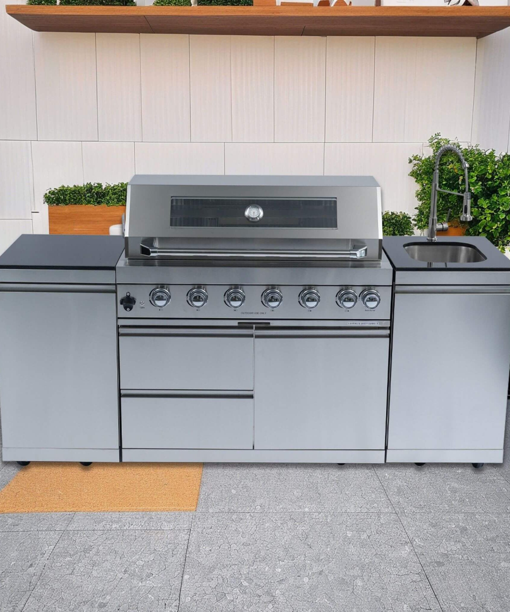 Castelle Flame Tuscany Outdoor BBQ Liquid Propane Kitchen Grill Island With 43-Inch 6-Burner 85K BTU Propane Gas Grill, Rotisserie Kit, And Storage Cabinets (SAK95623)