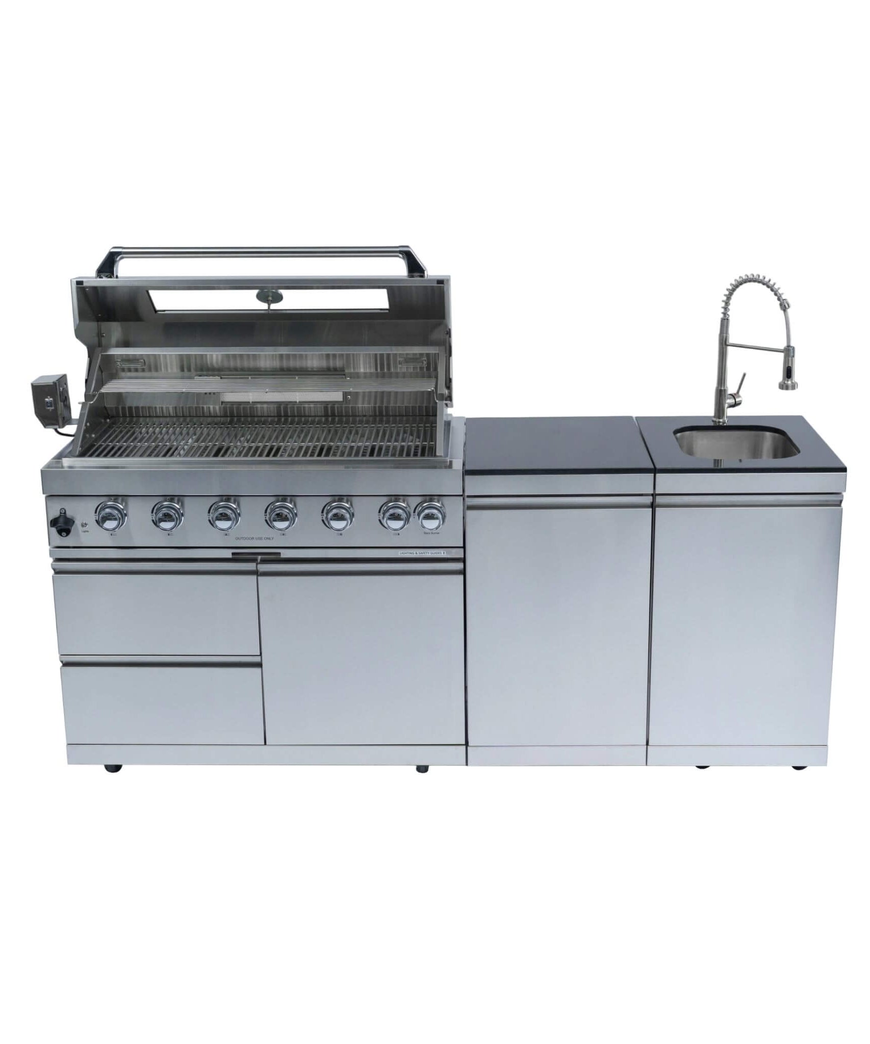 Castelle Flame Tuscany Outdoor BBQ Liquid Propane Kitchen Grill Island With 43-Inch 6-Burner 85K BTU Propane Gas Grill, Rotisserie Kit, And Storage Cabinets (SAK95623)