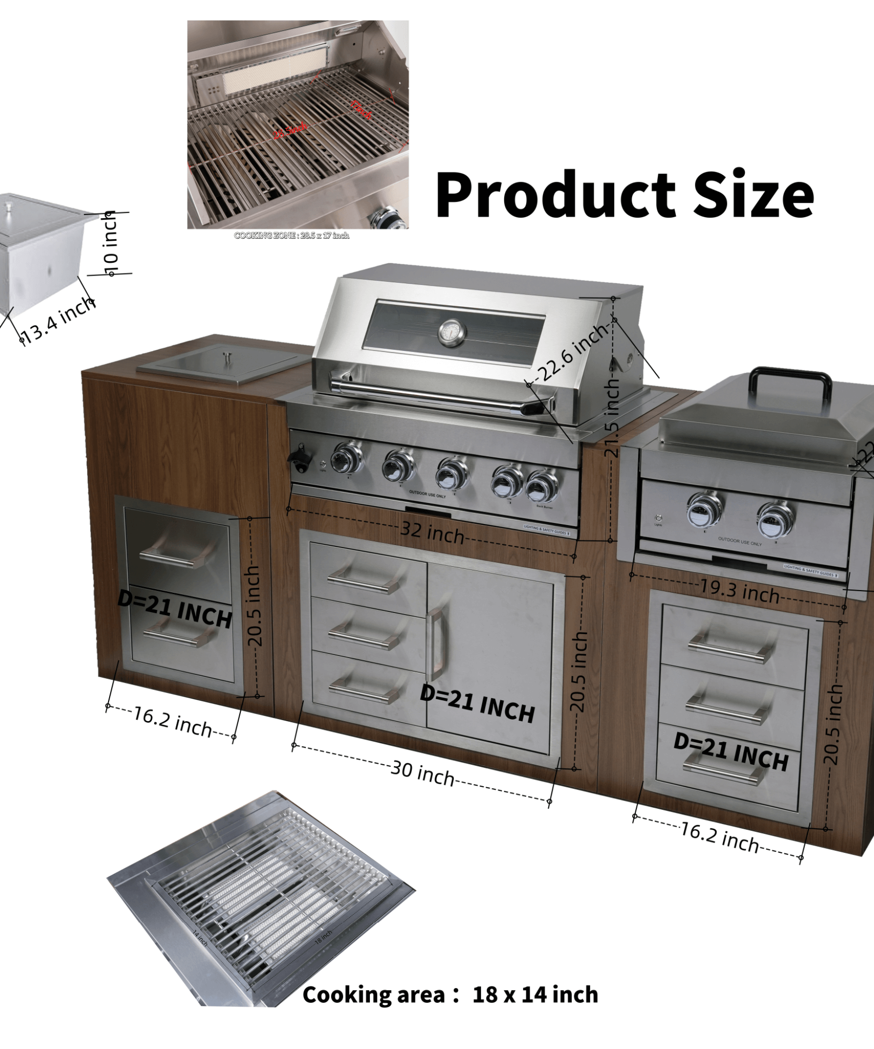 Premium Outdoor Kitchen With 32-Inch 60K BTU Built-In Stainless Steel LPG Gas Grill, Door And Drawer Combo And Stainless Steel Ice Box (SAK98661)