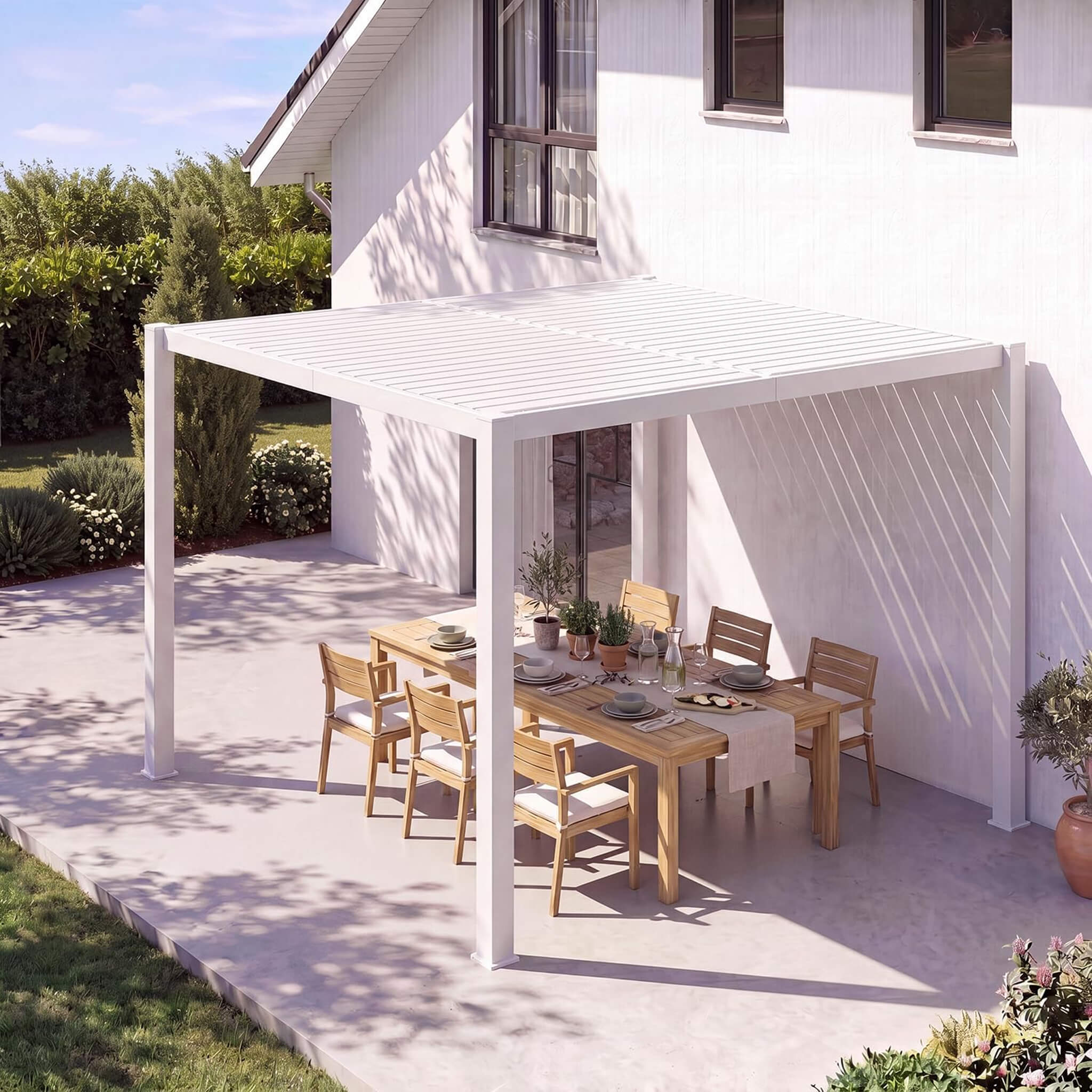 Alora Premium White Outdoor Metal Louvered Pergola With Drainage System (SAK87265)