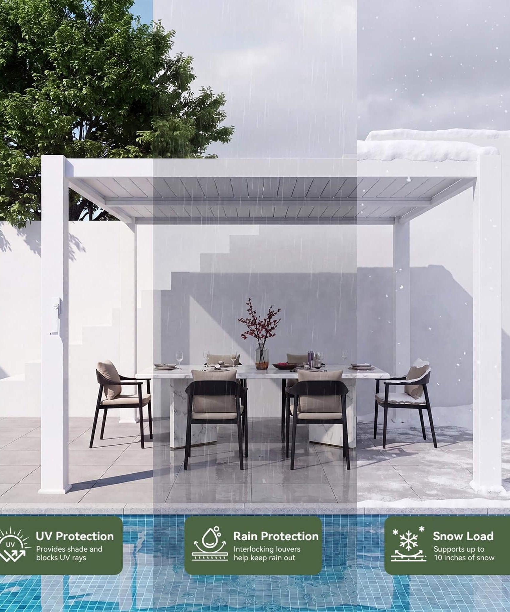 Alora Premium White Outdoor Metal Louvered Pergola With Drainage System (SAK87265)