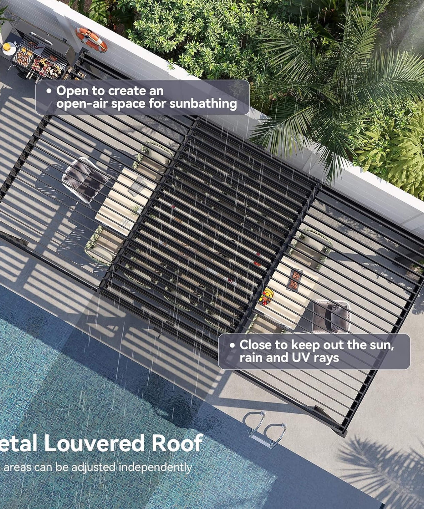 Alora Premium Gray Outdoor Metal Pergola With Louvered Roof And Drainage System (SAK76143)