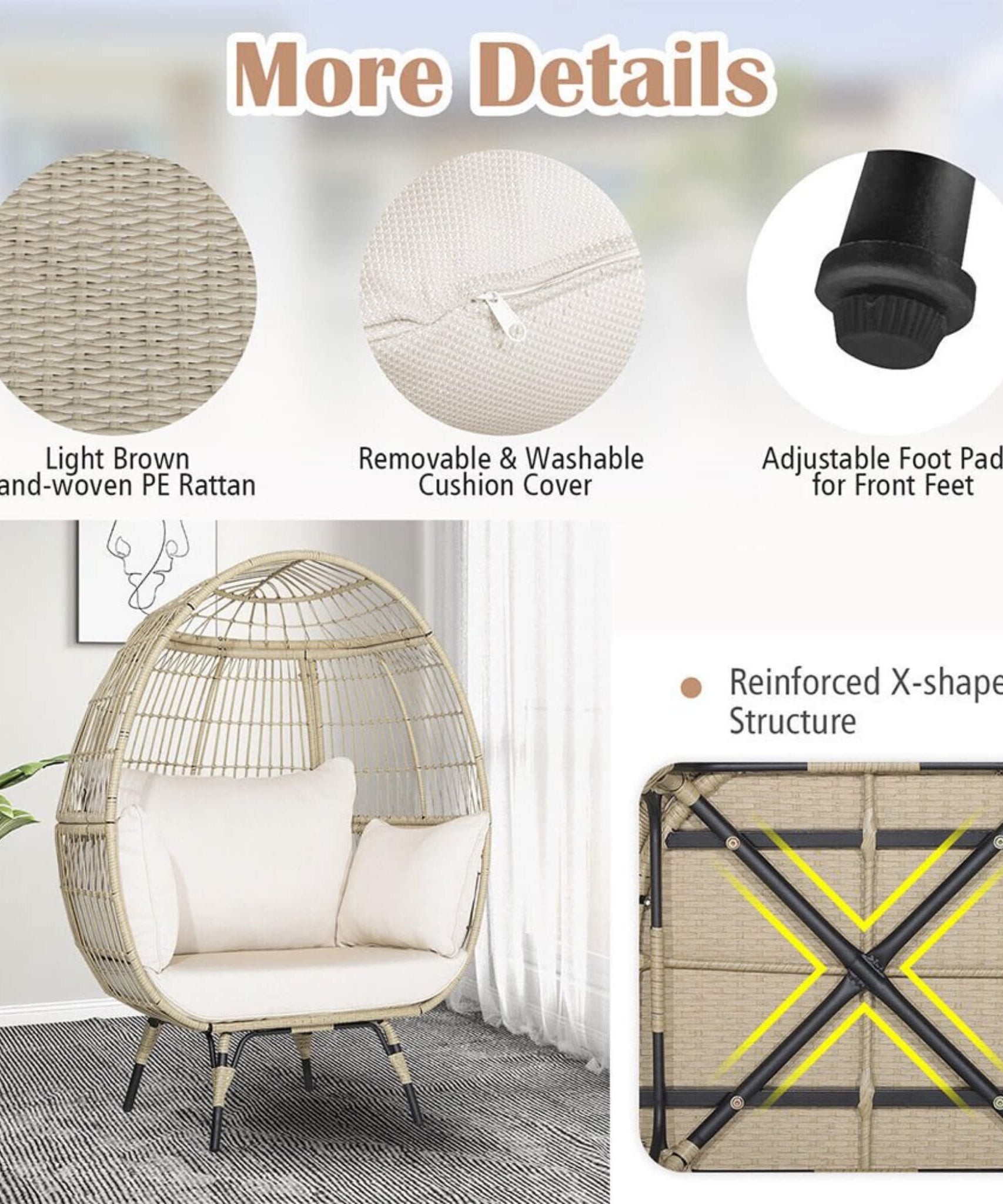 Alora Premium 57-Inch Oversized Rattan Patio Egg Lounge Chair Basket With Cushions (SAK91684)