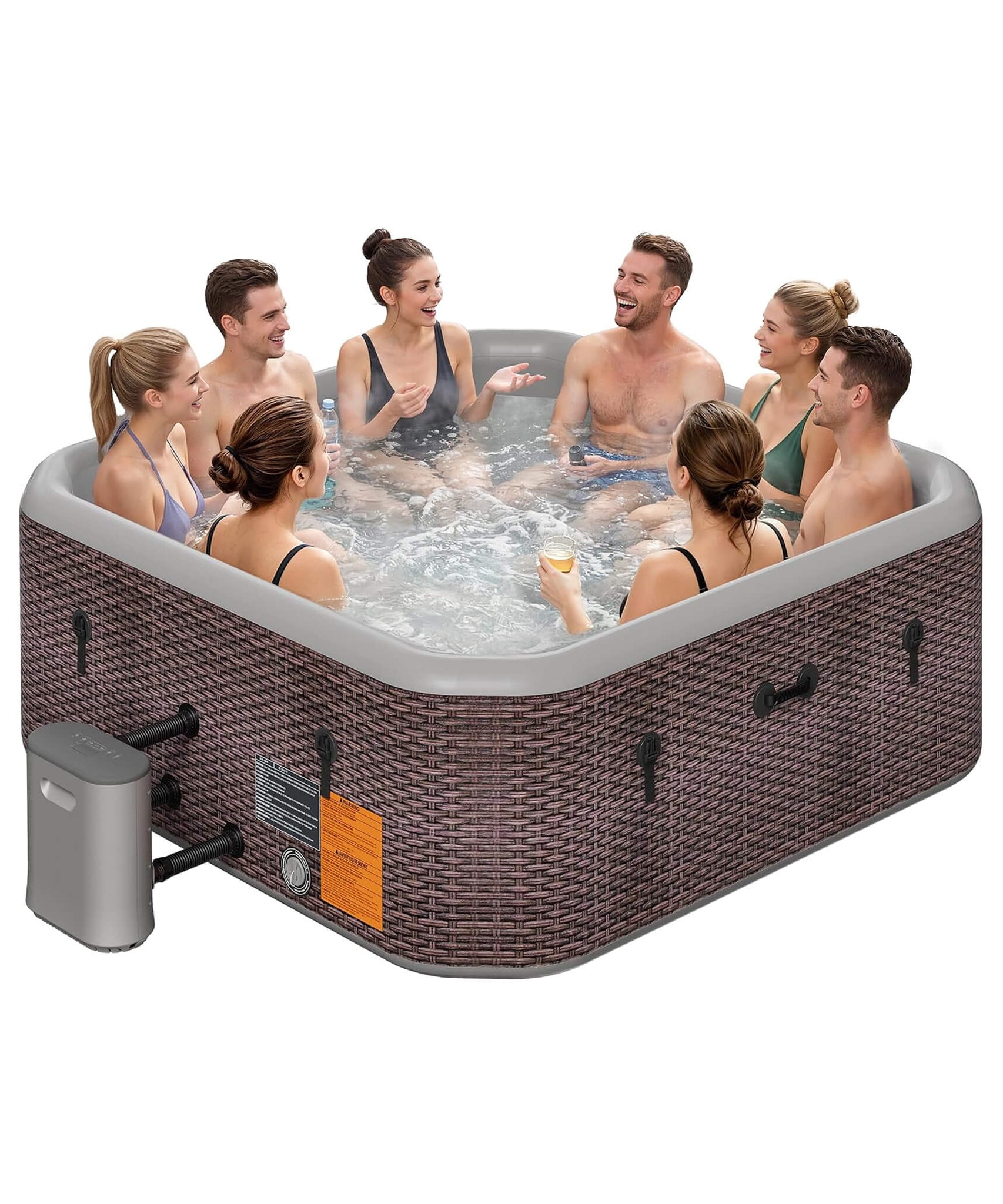 Premium 85-Inch Portable 8-Person Classic Rattan Design Inflatable Square Hot Tub With 220 Massage Jets (SAK56871)