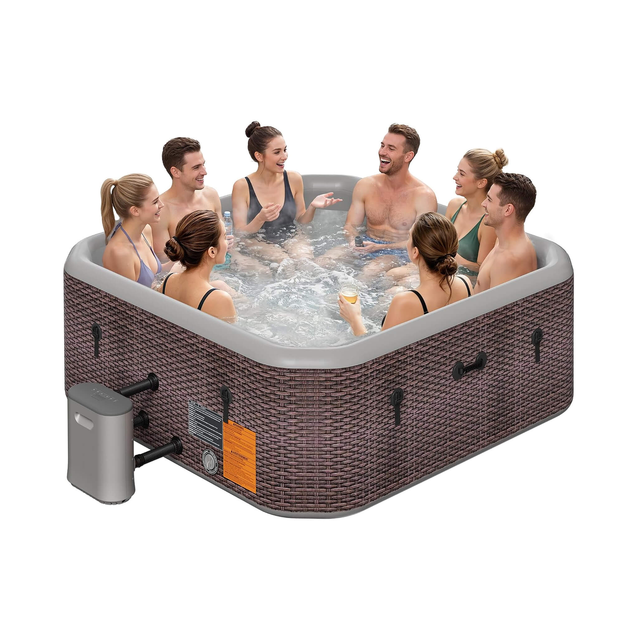 Premium 85-Inch Portable 8-Person Classic Rattan Design Inflatable Square Hot Tub With 220 Massage Jets (SAK56871)