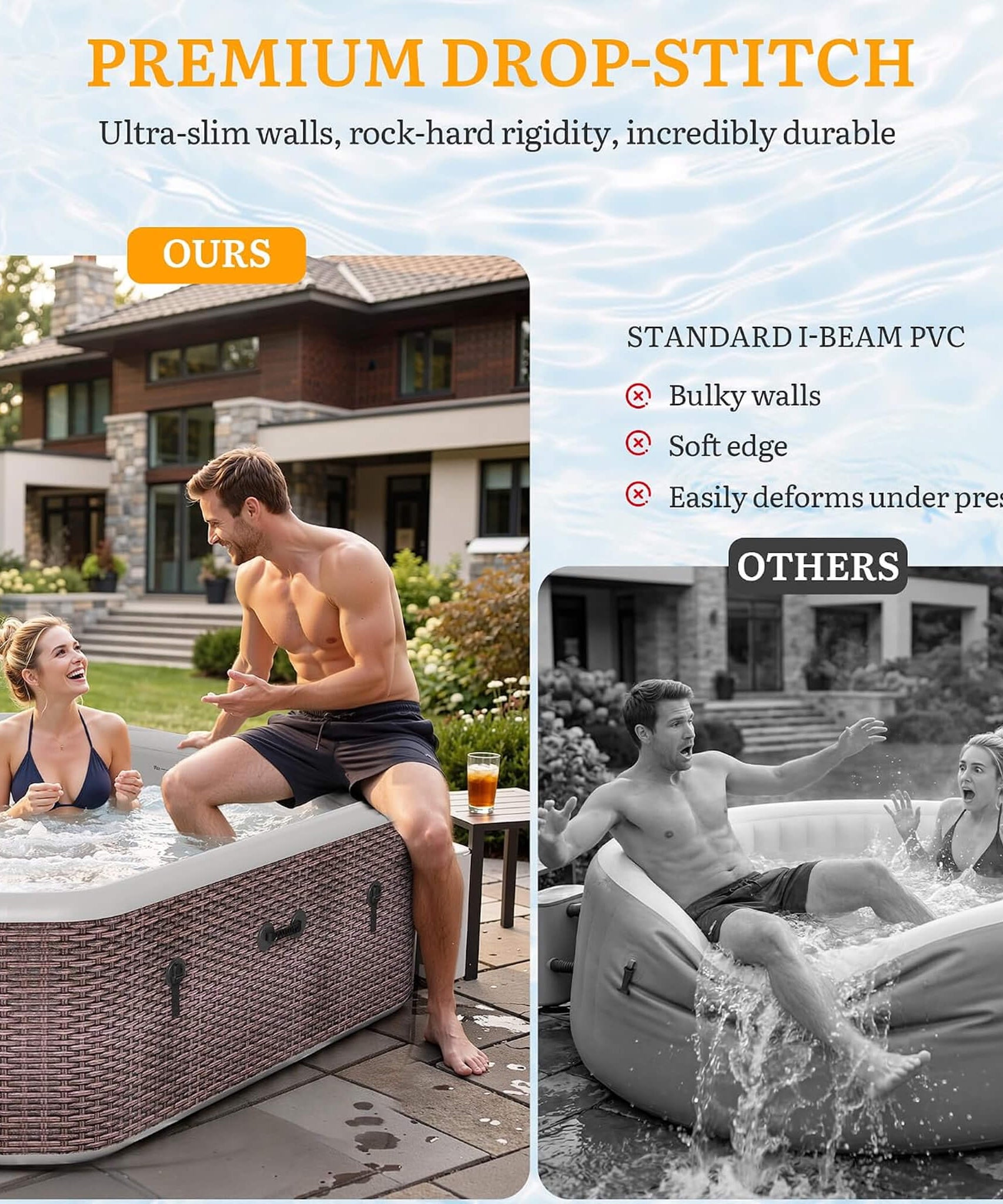 Premium 85-Inch Portable 8-Person Classic Rattan Design Inflatable Square Hot Tub With 220 Massage Jets (SAK56871)