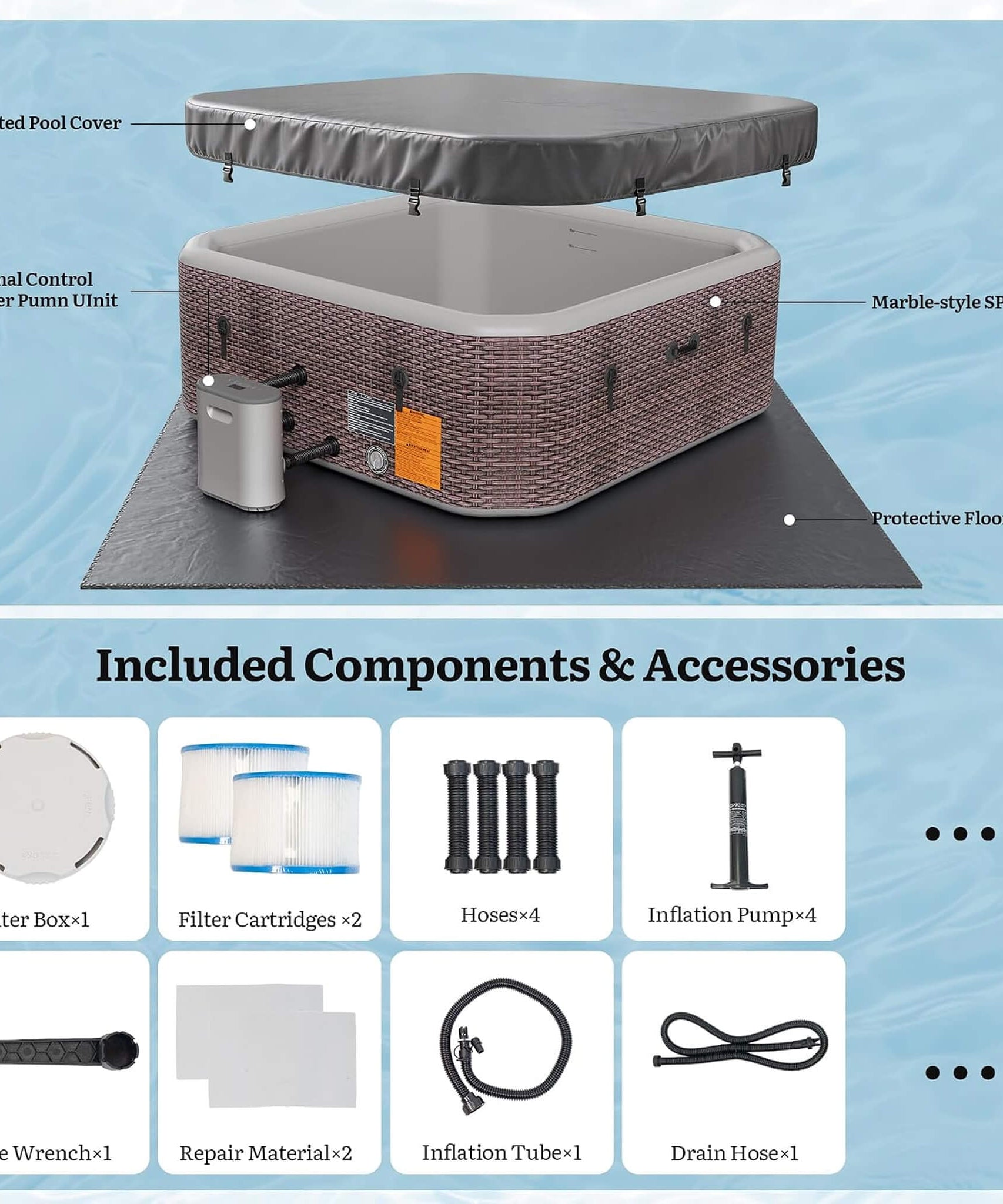 Premium 85-Inch Portable 8-Person Classic Rattan Design Inflatable Square Hot Tub With 220 Massage Jets (SAK56871)