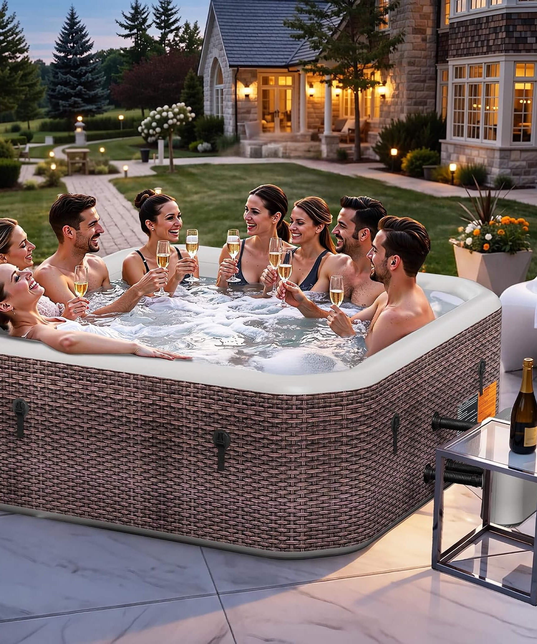 Premium 85-Inch Portable 8-Person Classic Rattan Design Inflatable Square Hot Tub With 220 Massage Jets (SAK56871)